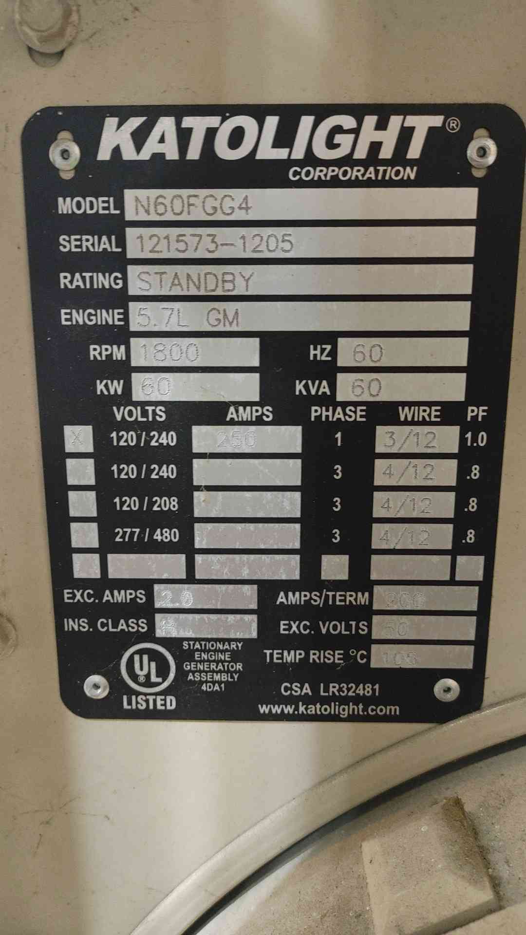 60KW Katolight N60FGG4 120/240 250A 1PH NG/LP 337.4 Hrs (SKU: 112056)