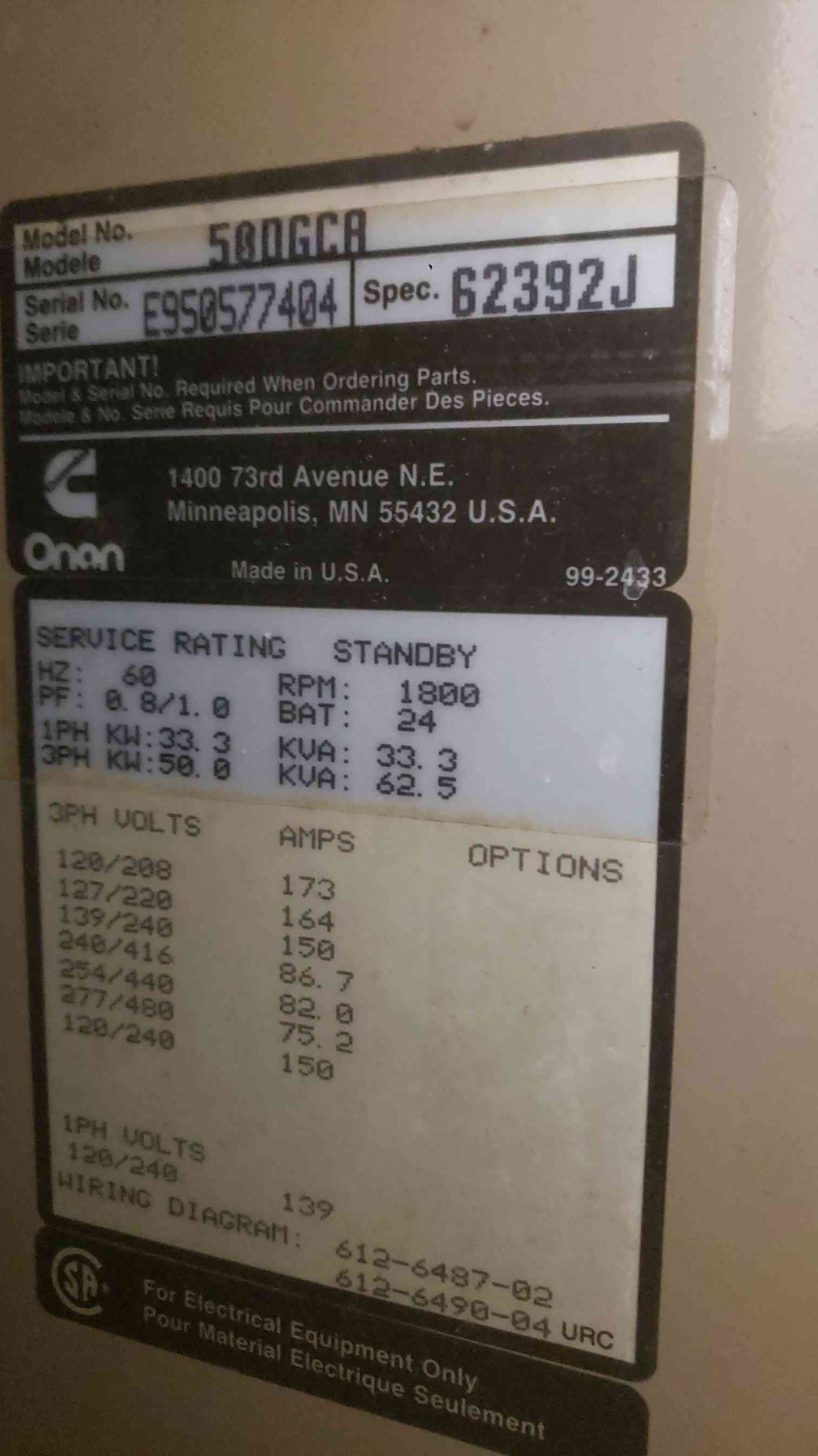 50KW Cummins 50DGCA 120/240 Multi-Phase Diesel 647.1 Hrs. (SKU: 112079)