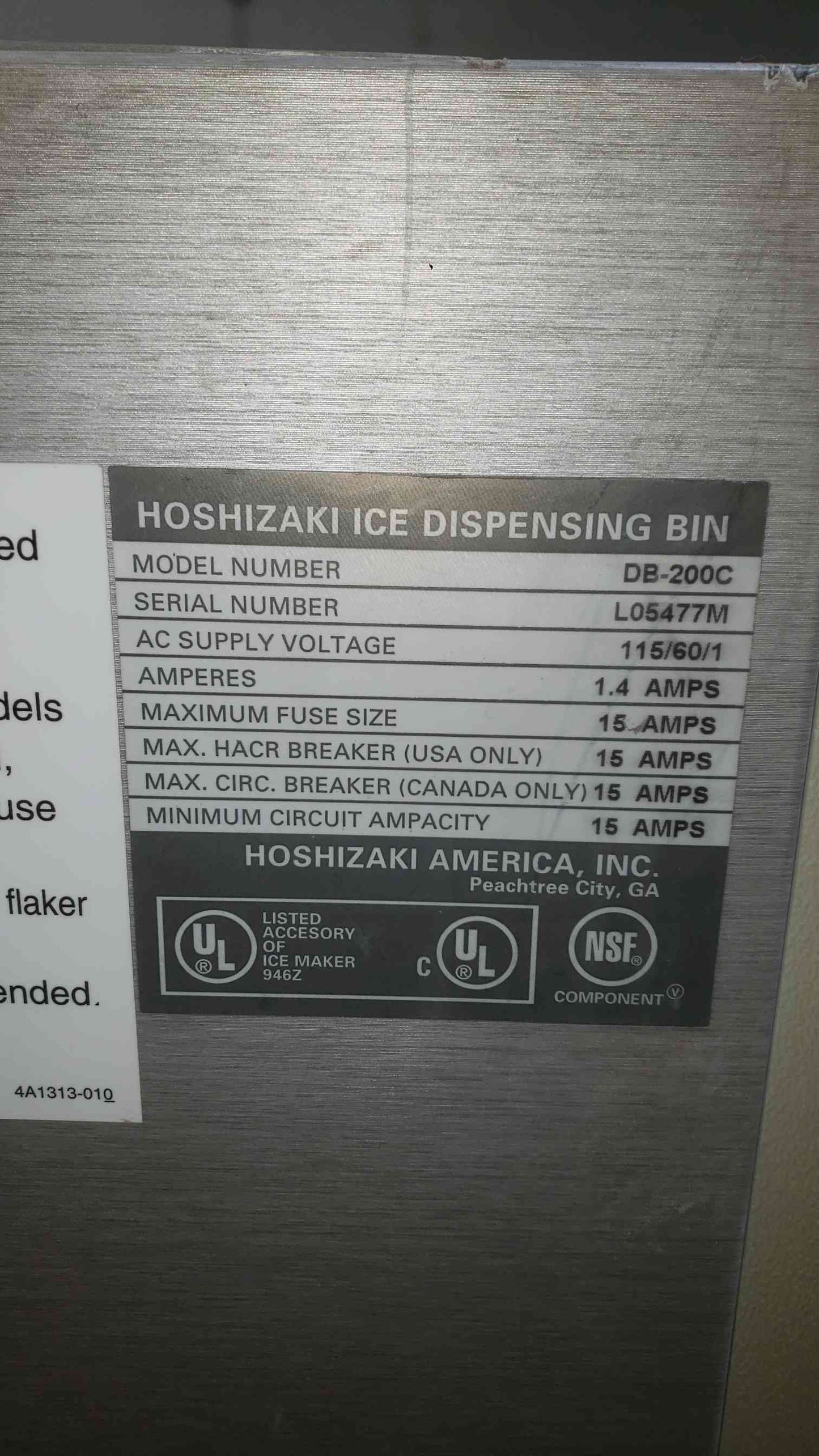 Hoshizaki 115VAC 60Hz 1PH Ice Dispenser Bin DB-200C (SKU: 112129)