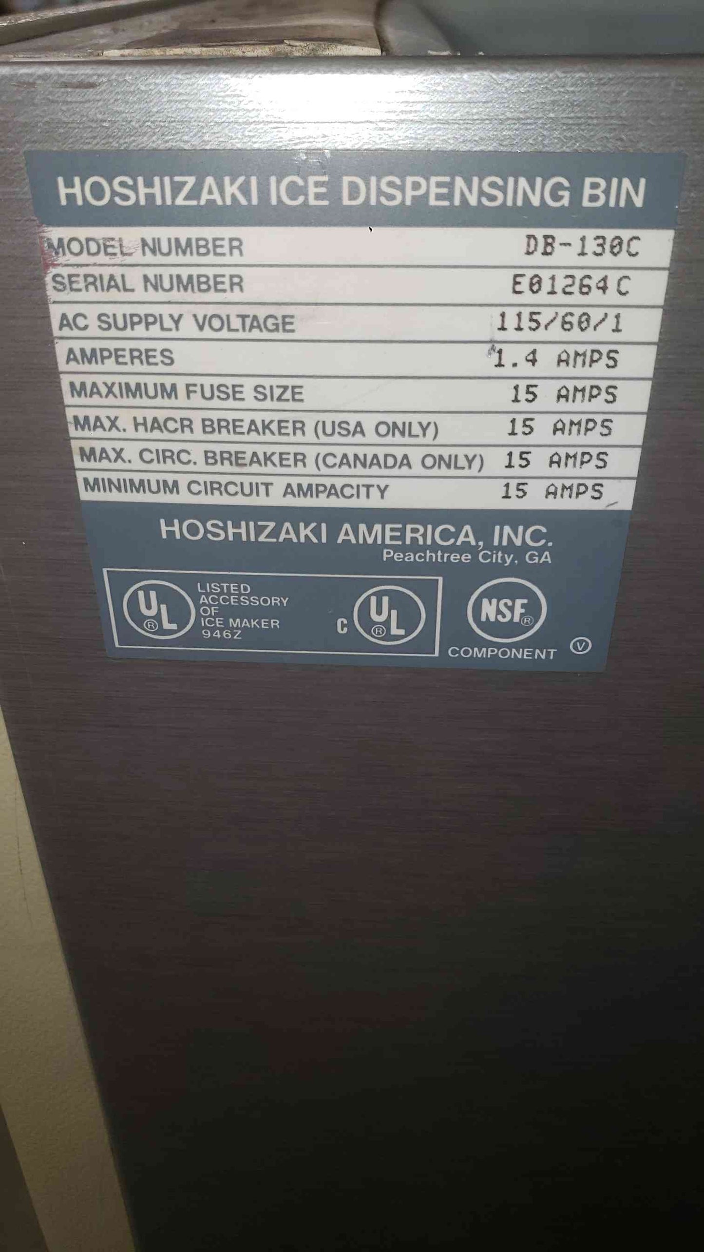 Hoshizaki 115VAC 60Hz 1PH Ice Dispensing Bin DB-130C (SKU: 112136)