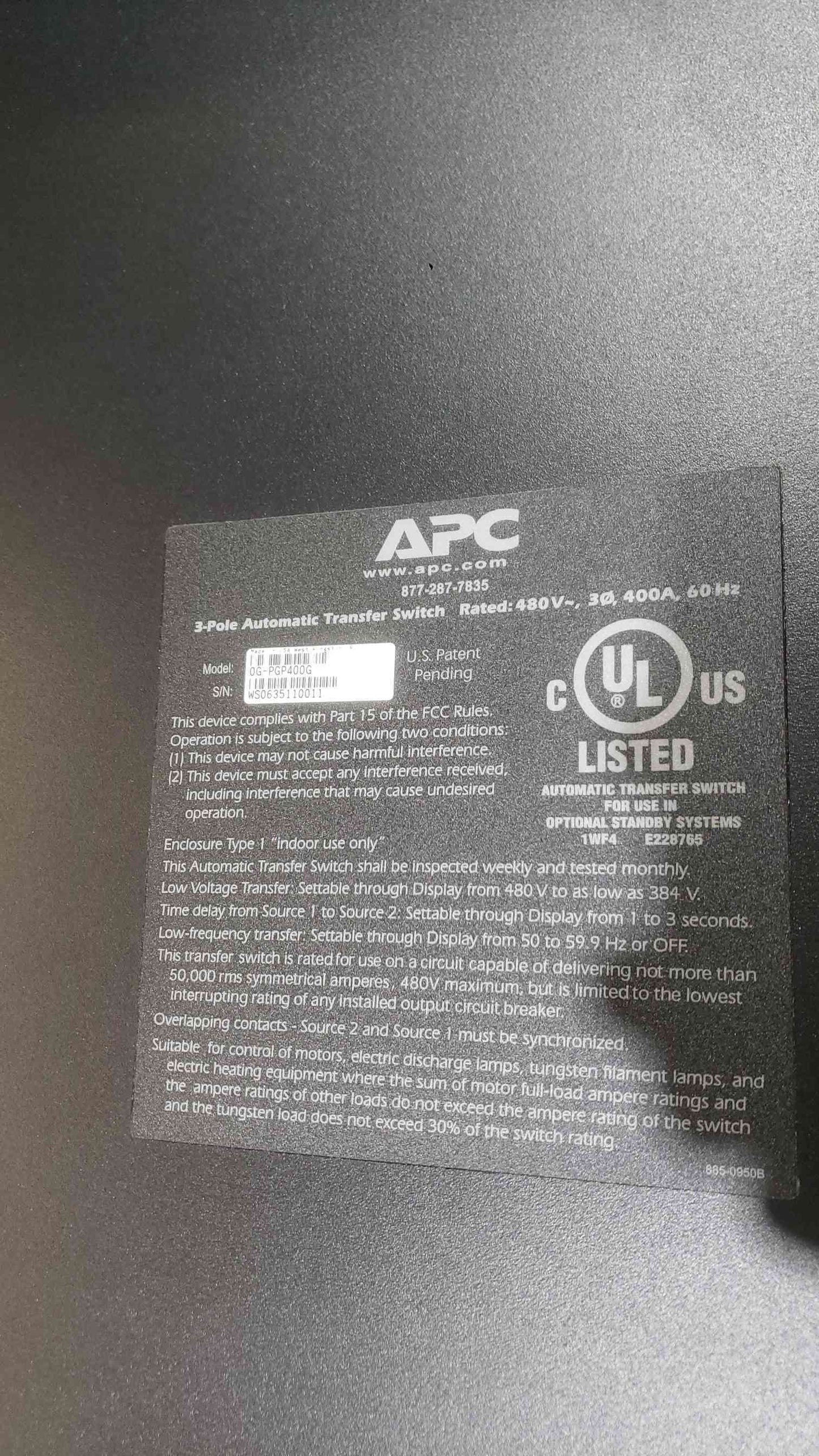 APC 400A 480V 3PH Automatic Transfer Switch ATS PGP400G Synchronized Contacts (SKU: 112155)