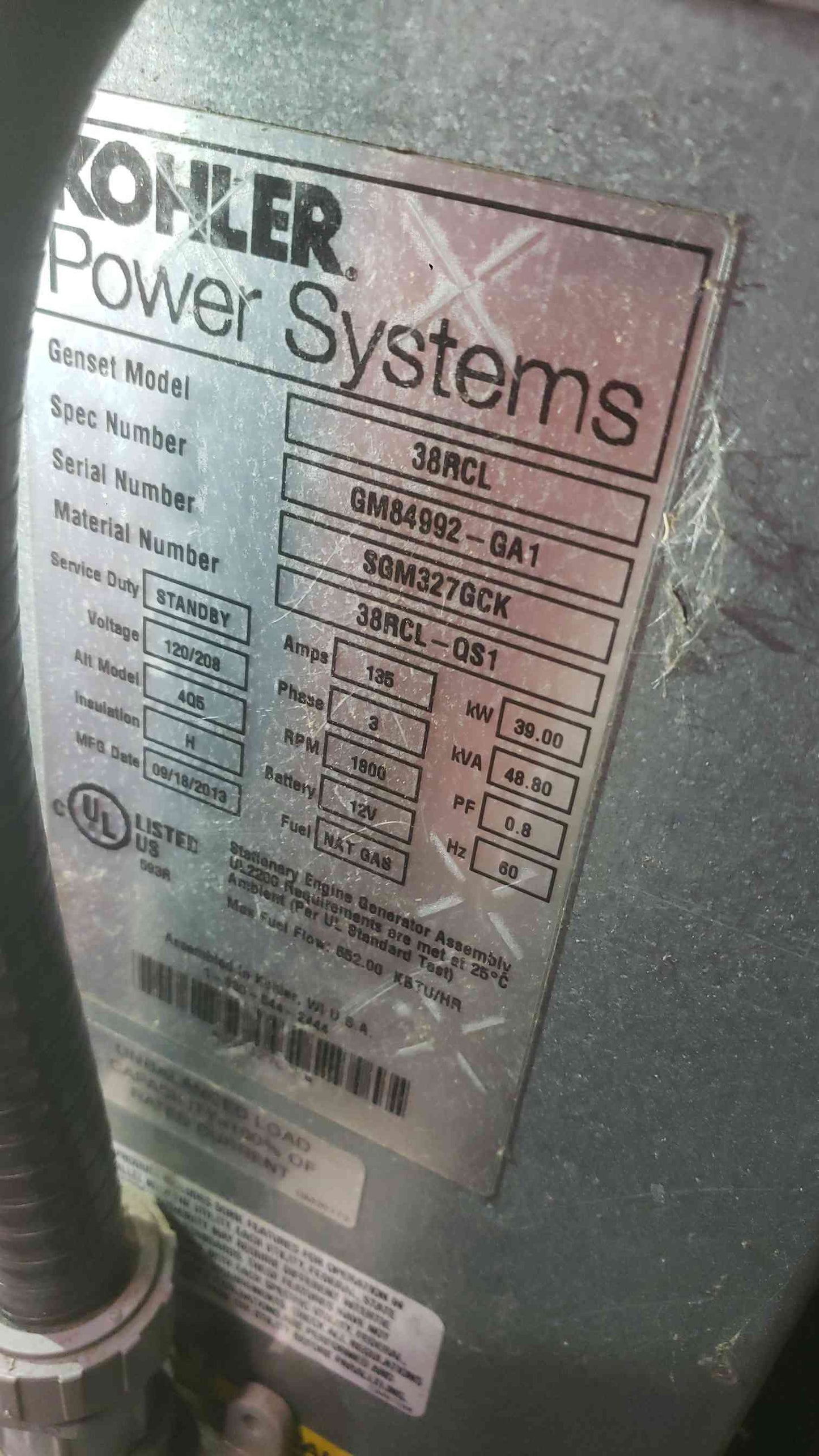 40KW / 39KW Kohler 38RCL 120/240v 135A 3PH Nat Gas LP 232 Hrs. '13 TESTED (SKU: 112146)