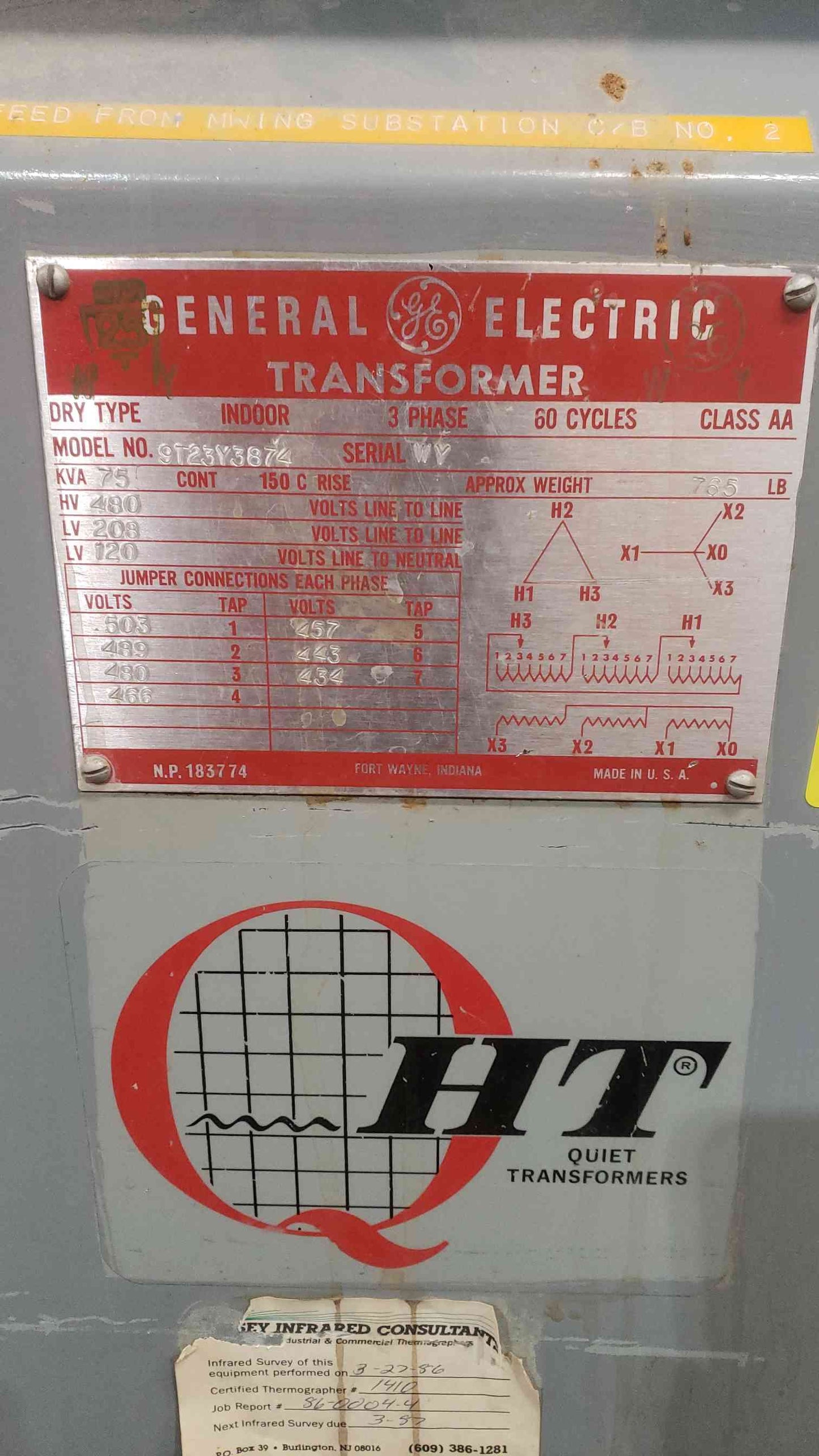 75KVA GE 480v x 208Y/120v 3PH Transformer 9T23Y3874 (SKU: 112147)