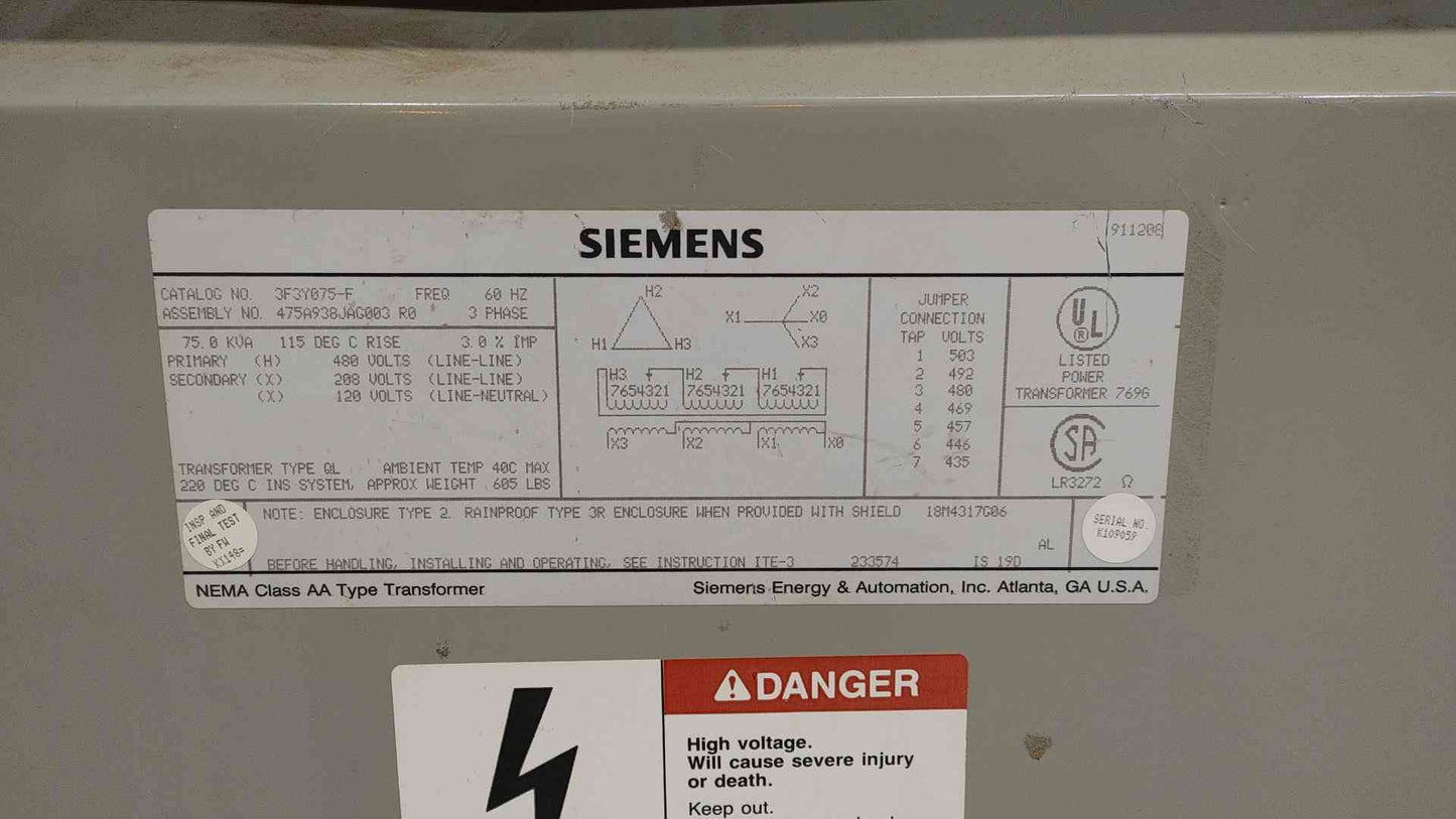 75KVA Siemens 480v x 208Y/120 3PH Transformer 3F3Y075-F (SKU: 112180)