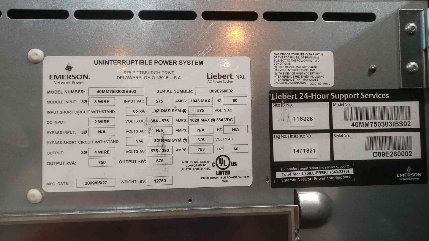 Liebert 750KVA 2 Section NXL UPS System 40MM750303IBS02 (SKU: 112182)