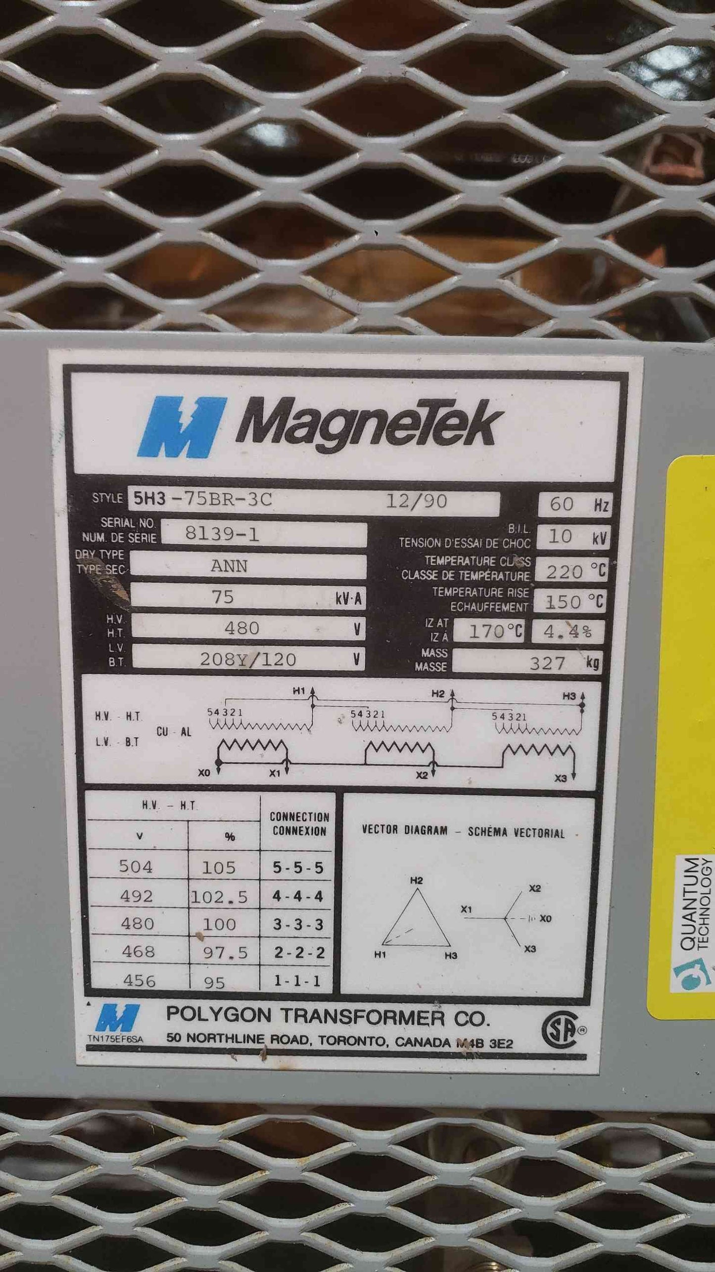 75KVA MagneTek 480v x 208Y/120v Transformer 5H3-75BR-3C (SKU: 112179)
