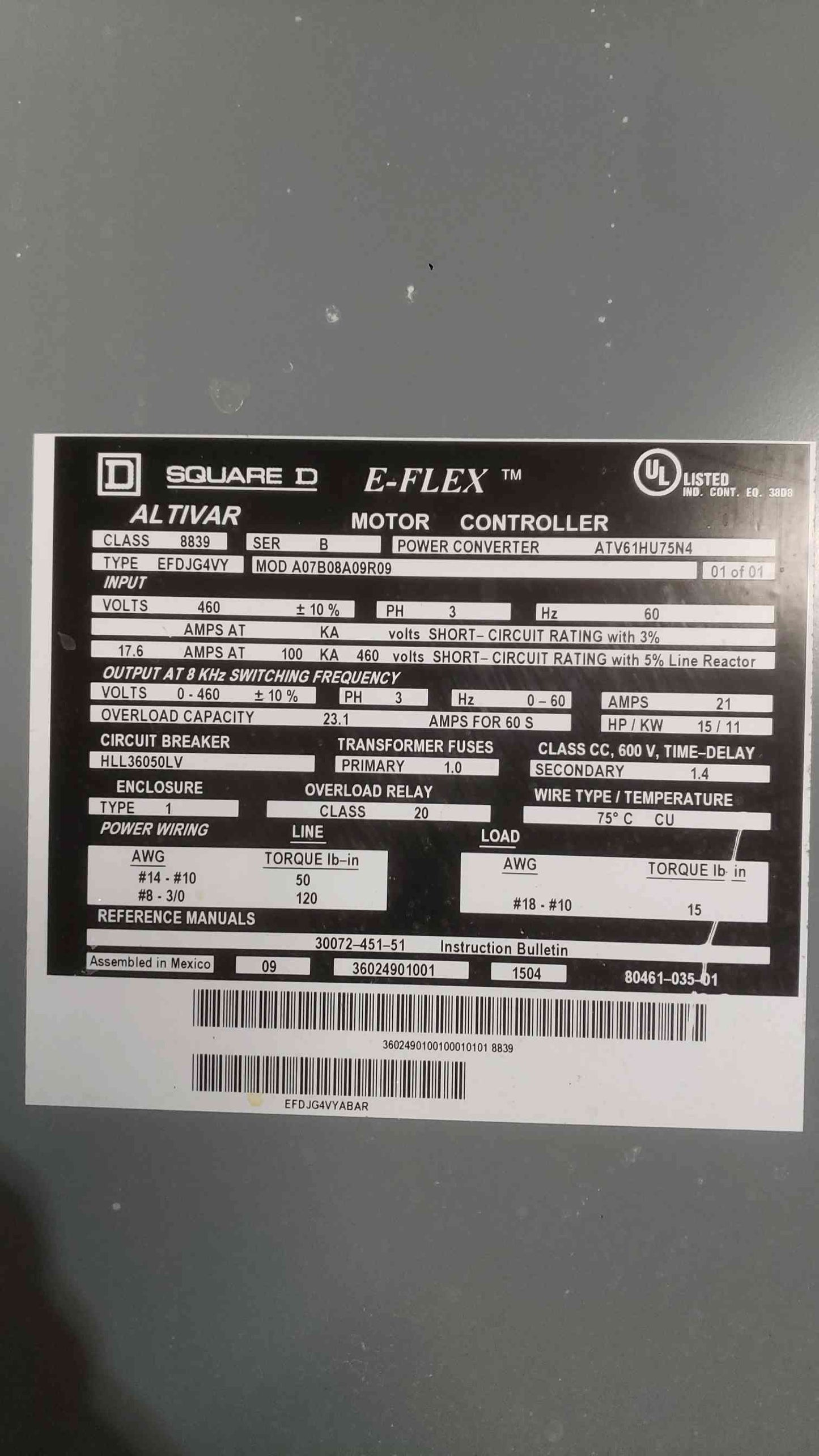 Square D 460V 3PH E-FLEX Motor Controller A07B08A09R09 (SKU: 112196)