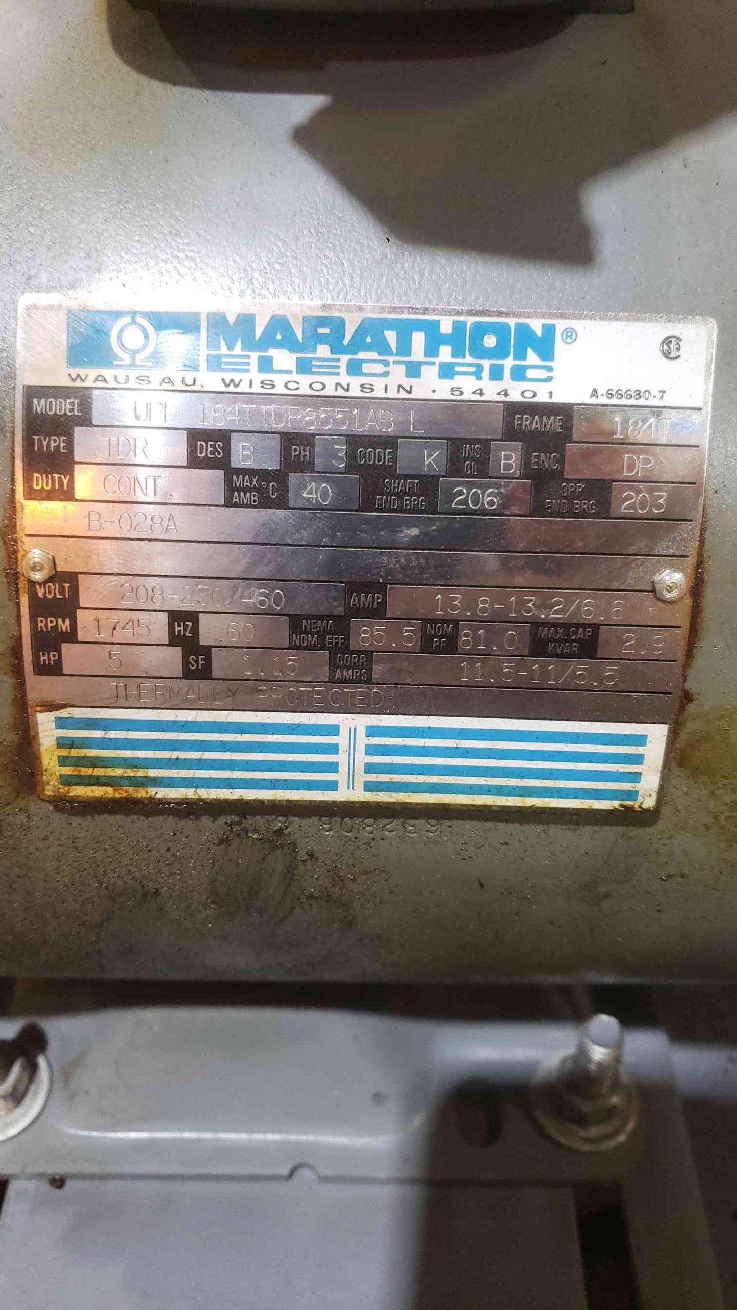 Marathon Electric 5HP 208-230/460 3PH Motors UPL 184TTDR8551AB L (SKU: 112221)