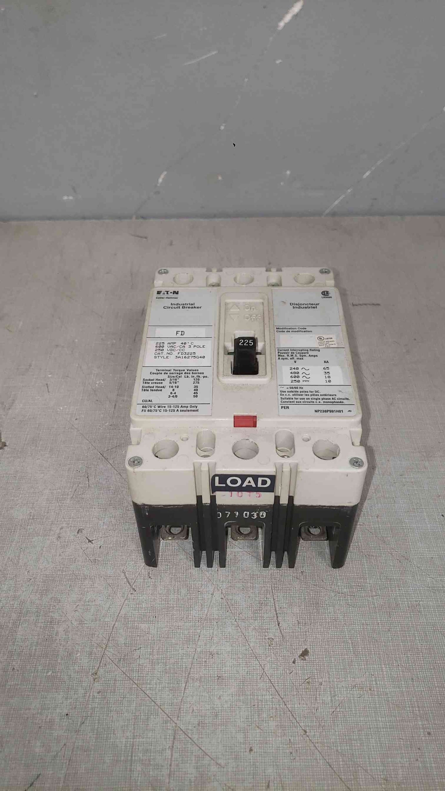 Cutler-Hammer 225A 600VAC 3 Pole Breaker FD3225 (SKU: 112244)
