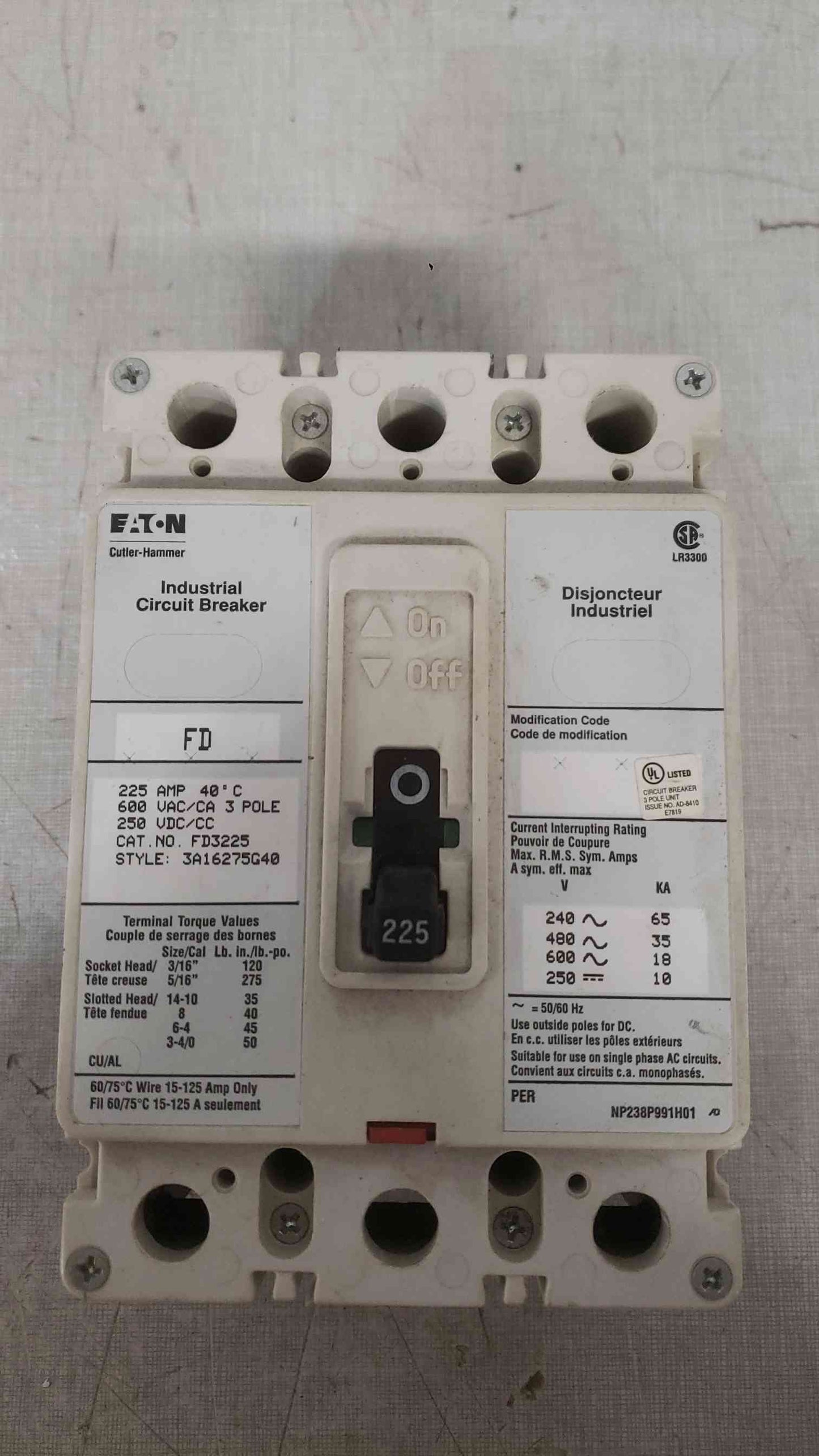 Cutler-Hammer 225A 600VAC 3 Pole Breaker FD3225 (SKU: 112244)