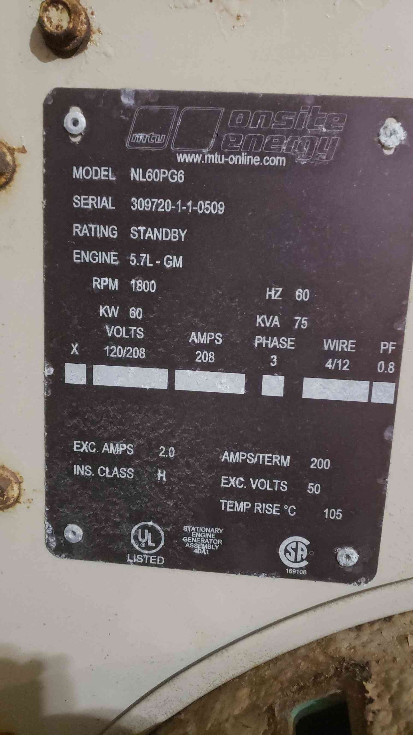 AS-IS 60KW MTU NL60PG6 120/208 208A 3PH NG/LP 570.8 Hrs. (SKU: 112068)
