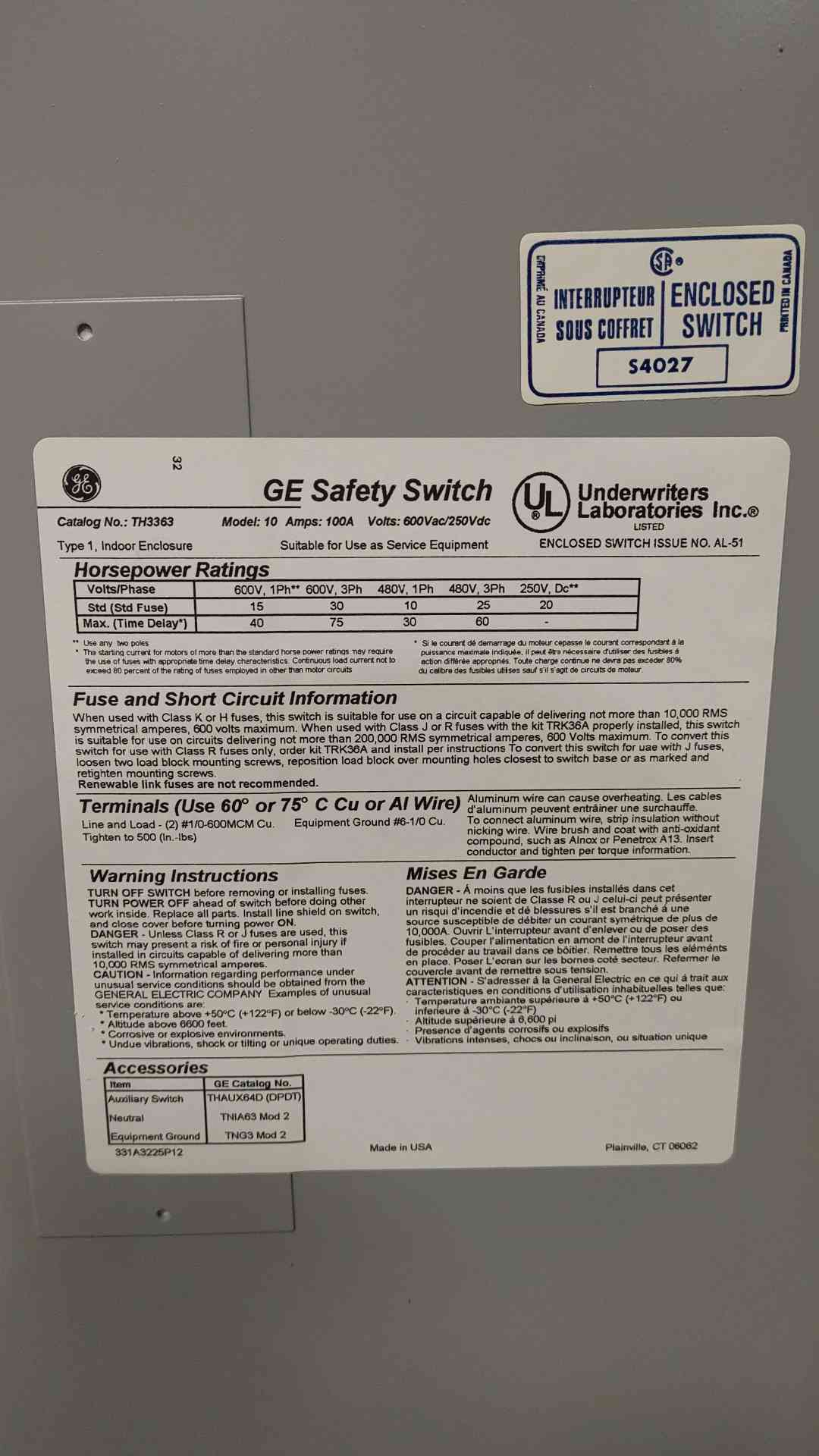 GE 100A 600V 1-3PH Safety Switch TH3363(SKU: 112291)