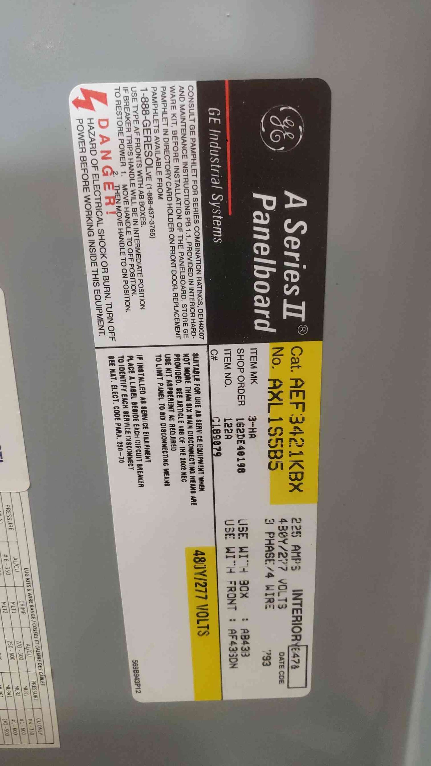 GE 225A 480/277V 3PH 4W Panelboard A Series with Main (SKU: 112333)