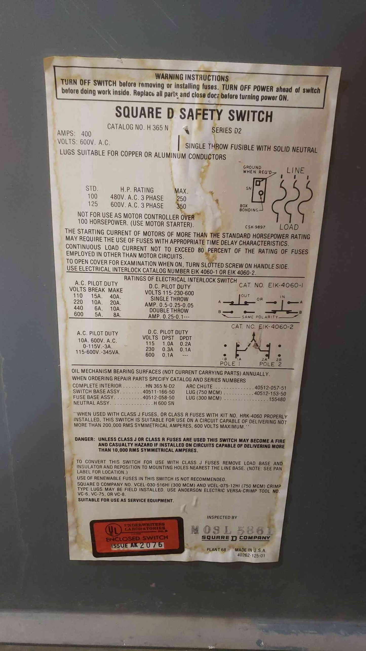 Square D 400A 600VAC 3PH Safety Switch (SKU: 112336)