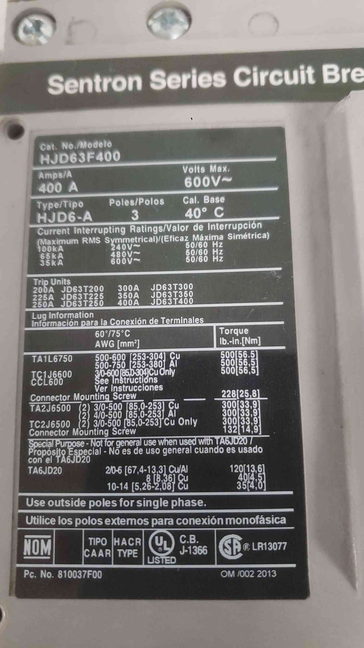 Siemens 400A Frame 250A Trip 3 Pole 600V Breaker HJD63F400 (SKU: 112359)