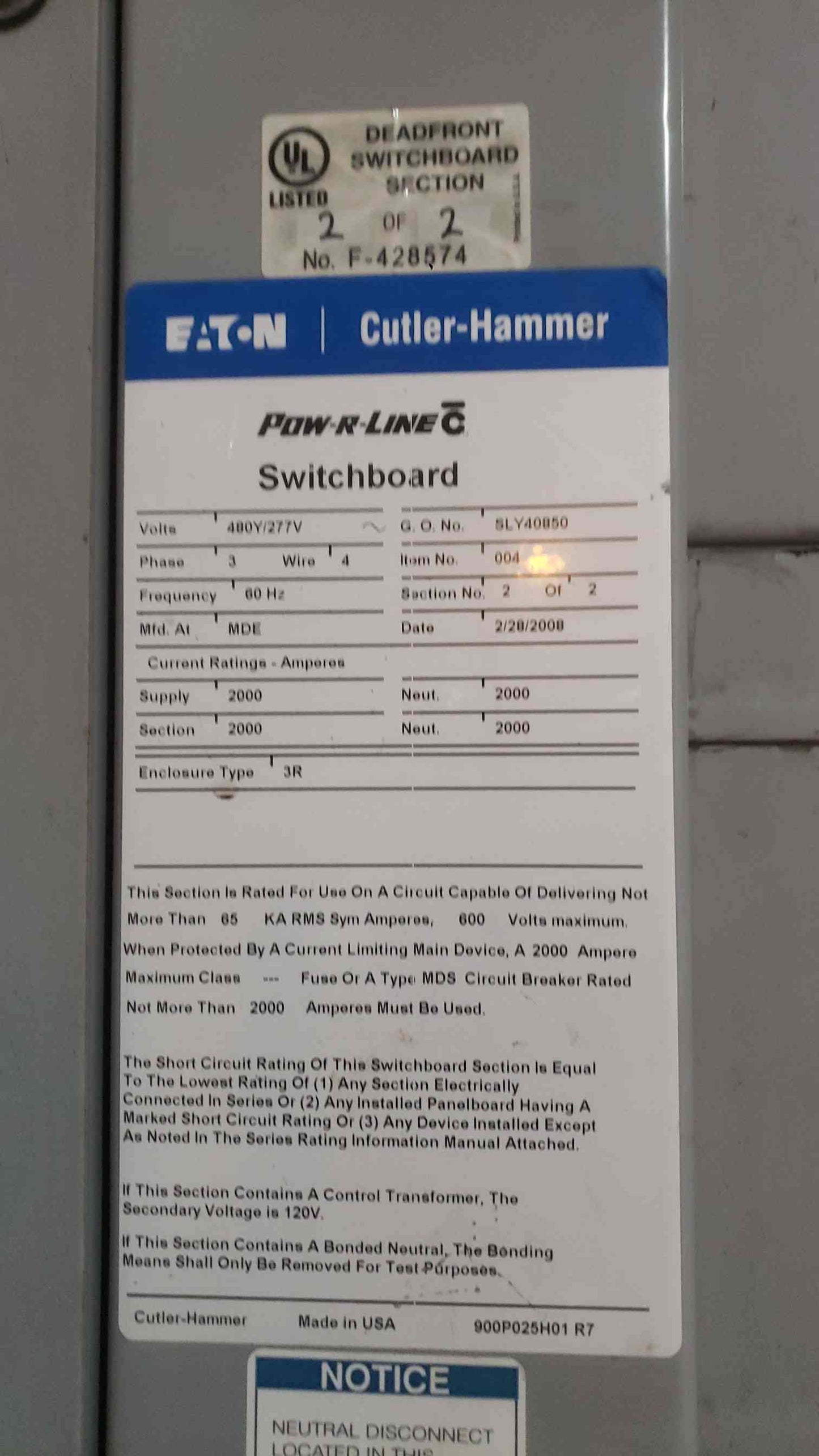 2000A Cutler-Hammer 480Y/277V 5 Section Outdoor Switchgear Lineup (SKU: 112367)
