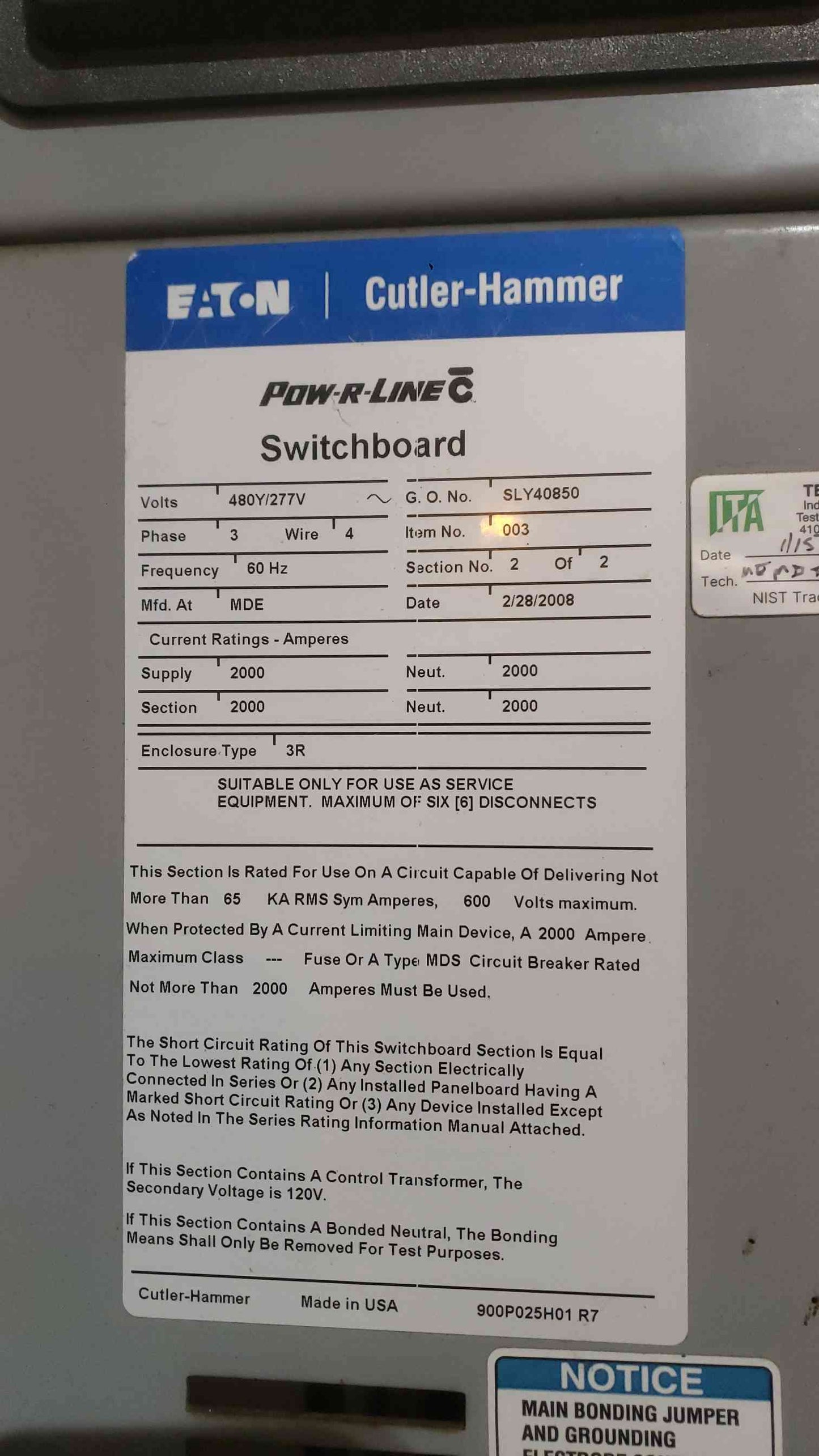 2000A Cutler-Hammer 480Y/277V 5 Section Outdoor Switchgear Lineup (SKU: 112367)