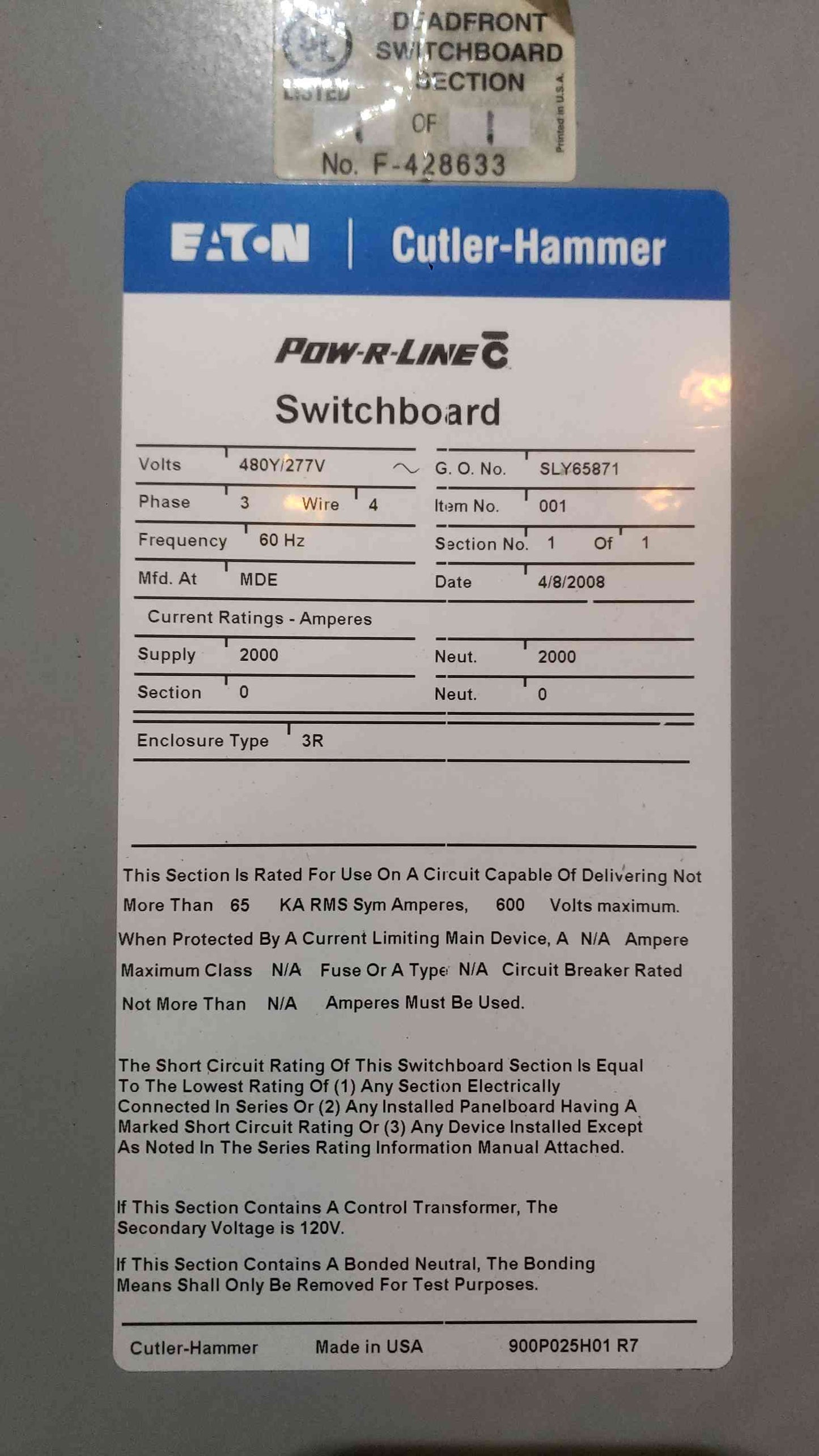 2000A Cutler-Hammer 480Y/277V 5 Section Outdoor Switchgear Lineup (SKU: 112367)