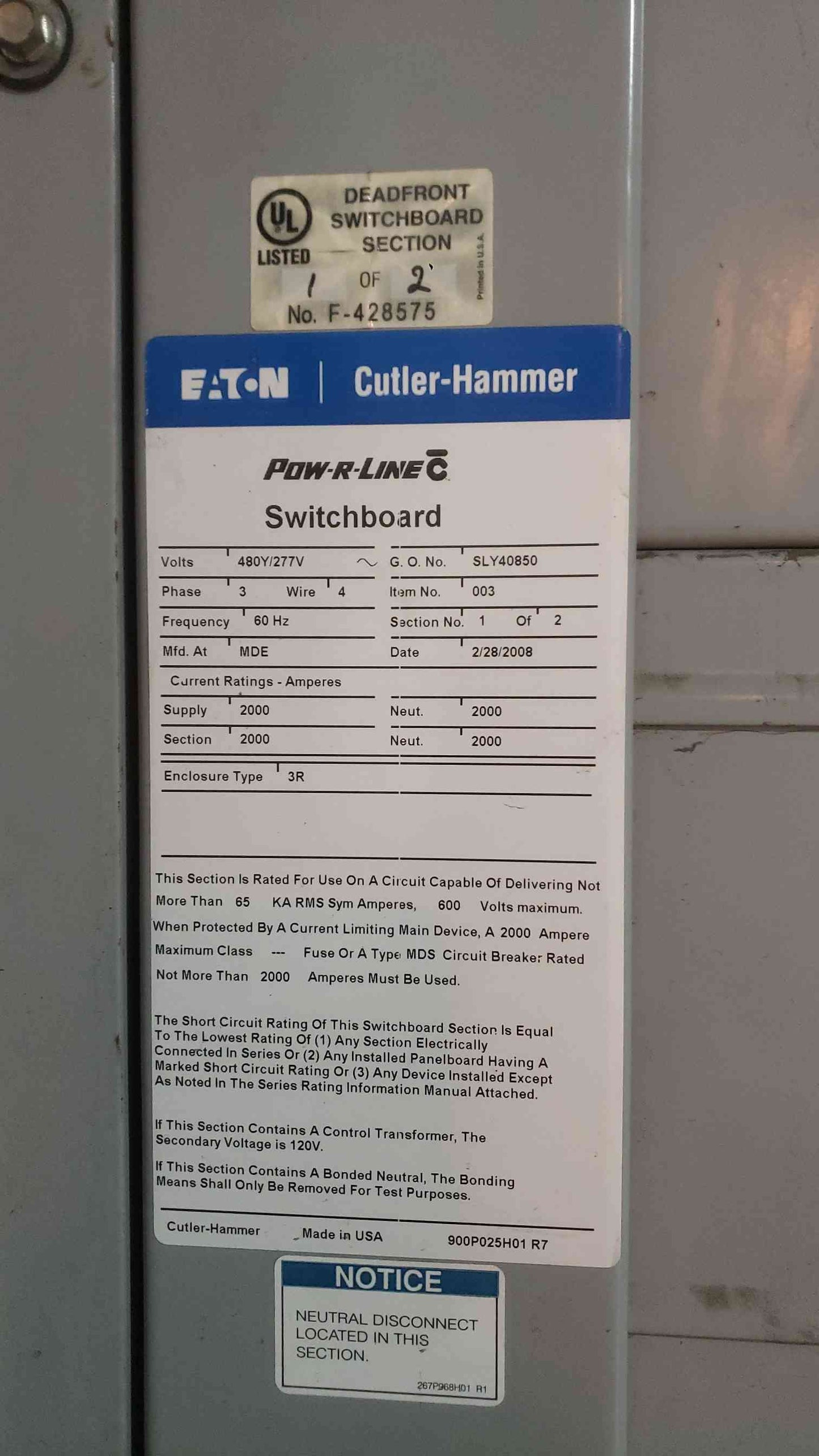 2000A Cutler-Hammer 480Y/277V 5 Section Outdoor Switchgear Lineup (SKU: 112367)