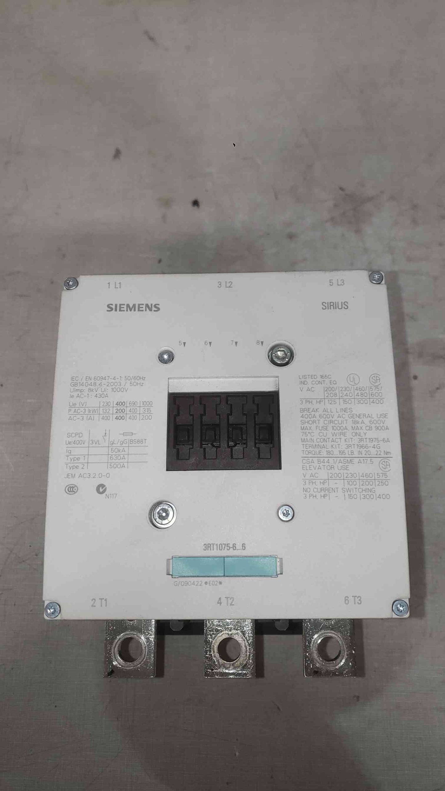 Siemens 400A 600VAC SIRIUS 3RT1075-6.6 Industrial Power Contractor (SKU: 112383)