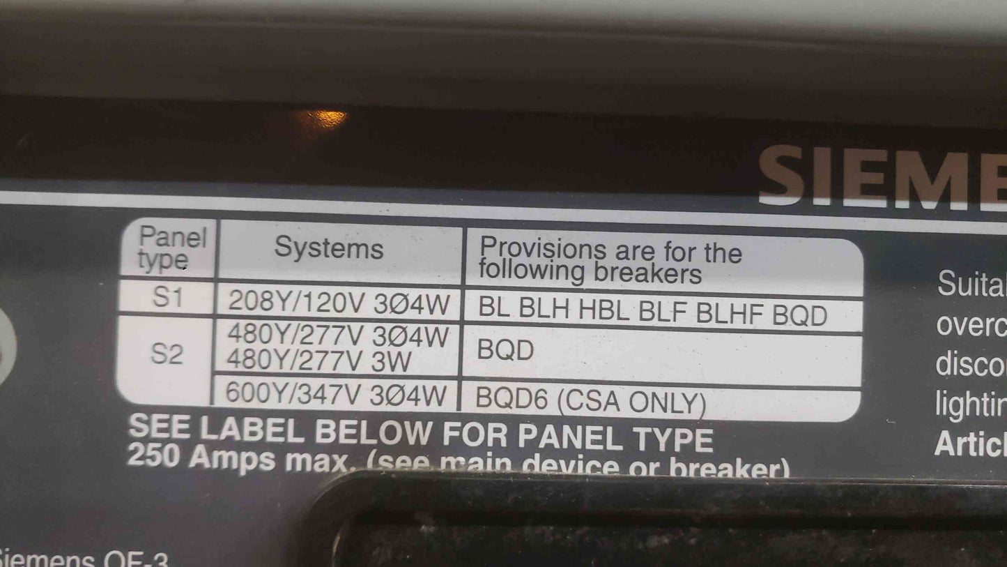Siemens S1 Panelboard 60A Main 208Y/120V 3PH 4W 42-Cir COPPER BUS Loaded BL Type (SKU: 112387)