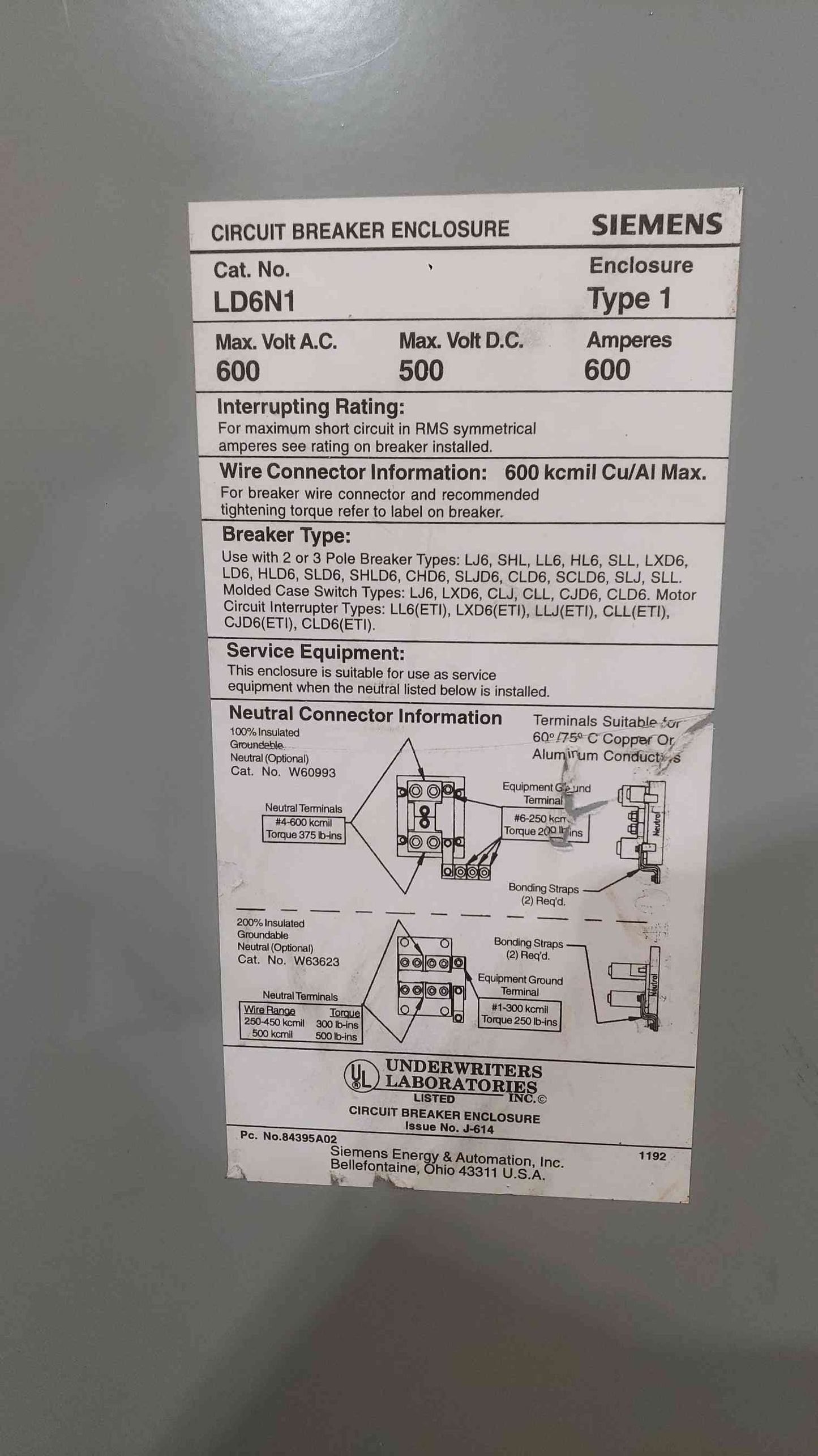 Siemens 600A 600VAC Circuit Breaker Enclosure LD6N1 Siemens Sentronâ„¢ LXD63B600(SKU: 112389)