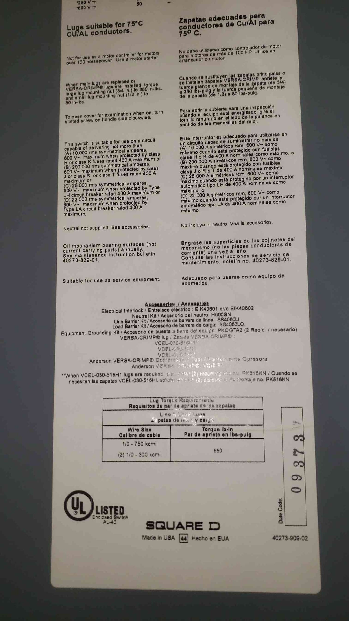 Square D 400A 600VAC Heavy Duty Safety Switch HU365R (SKU: 112427)
