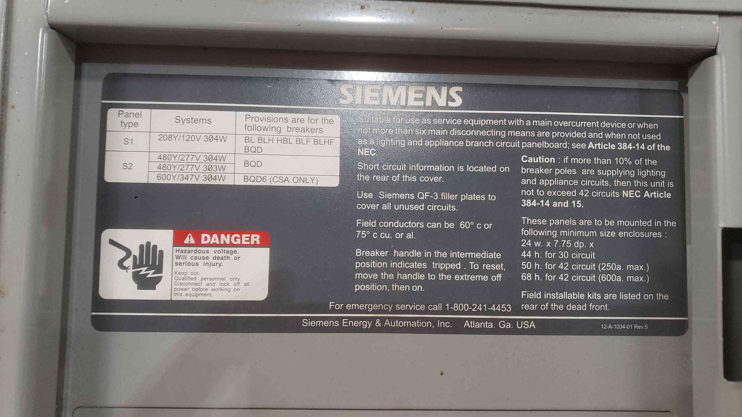 Siemens 400A 3PH 4W Panelboard Loaded w/ 3-Pole 100A & 30+ Branch Breakers(SKU: 112515)