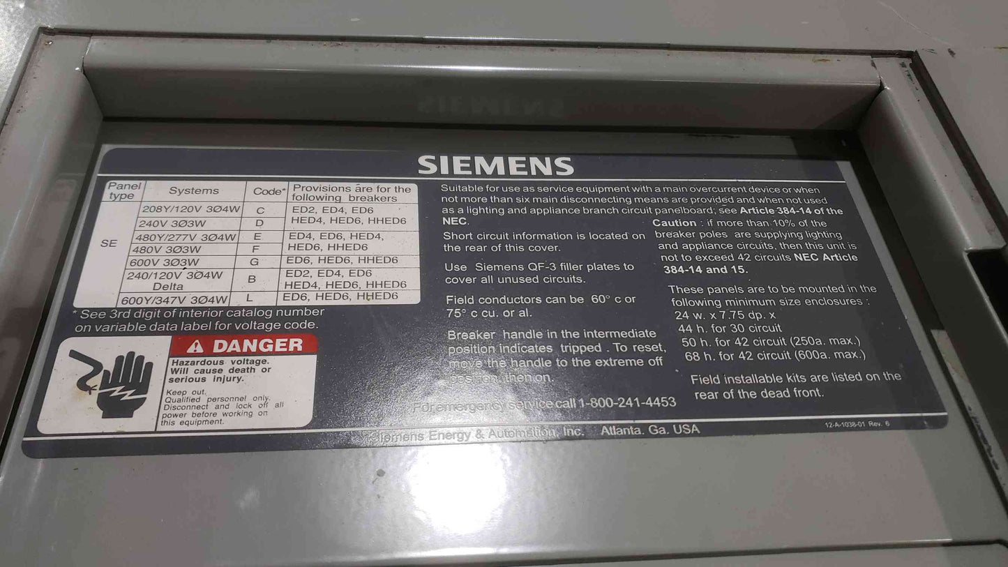 Siemens Sentron Series 400A 480/277 3PH 4W Breaker Panelboard (SKU: 112520)
