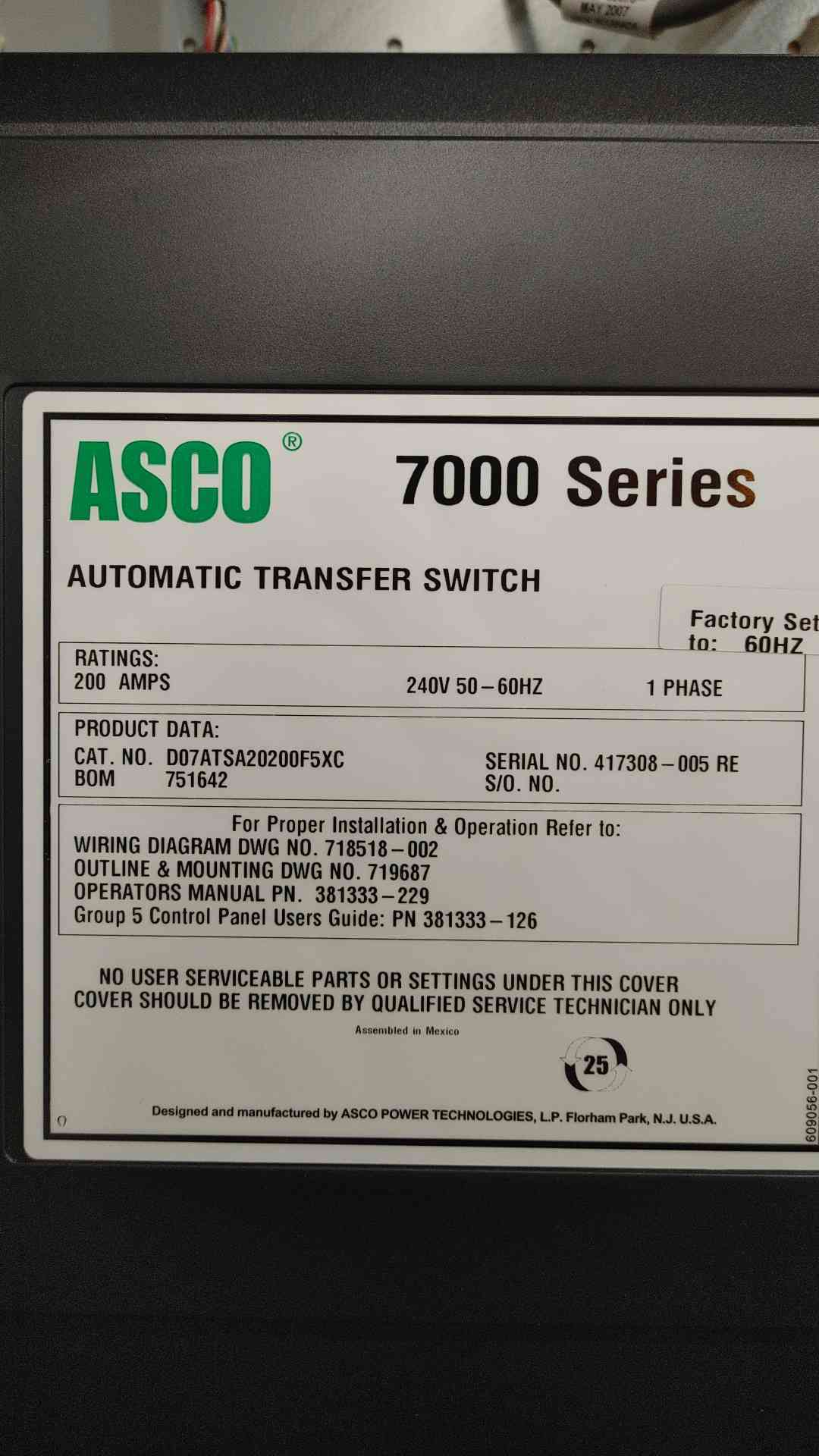 NEW 200A ASCO 7000 Series 240V 1PH Transfer Switch D07ATSA20200F5XC ATS (SKU: 112538)