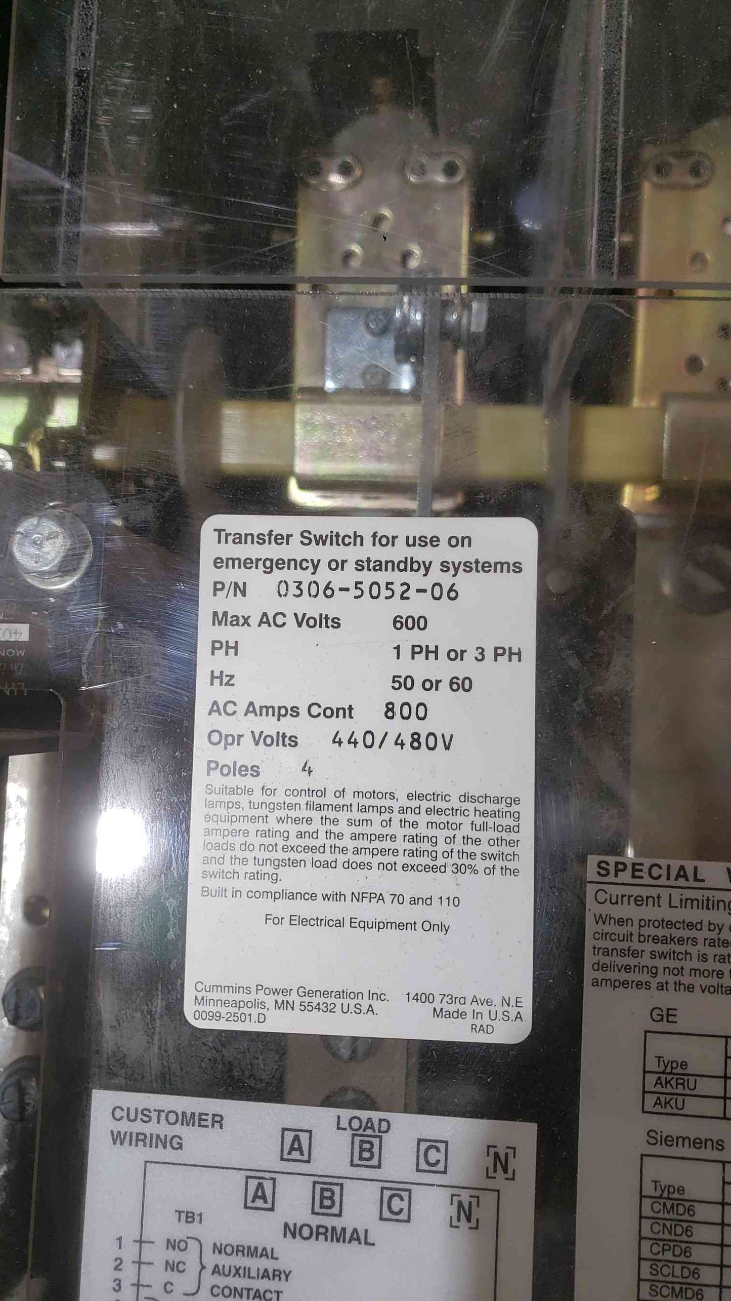 Cummins 800A 480V ATS Transfer Switch OTPCD-5956719 (SKU: 112549)