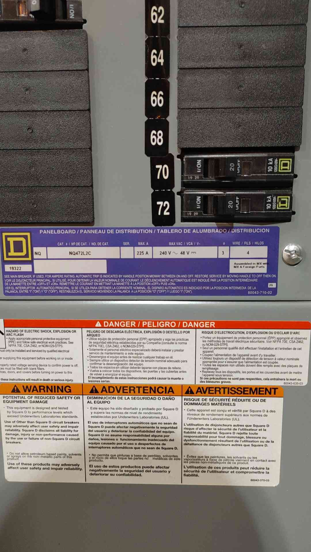 Square D NQ 225A 240V~48V 3PH 4W Panelboard w/ Main NQ472L2C(SKU: 112661)