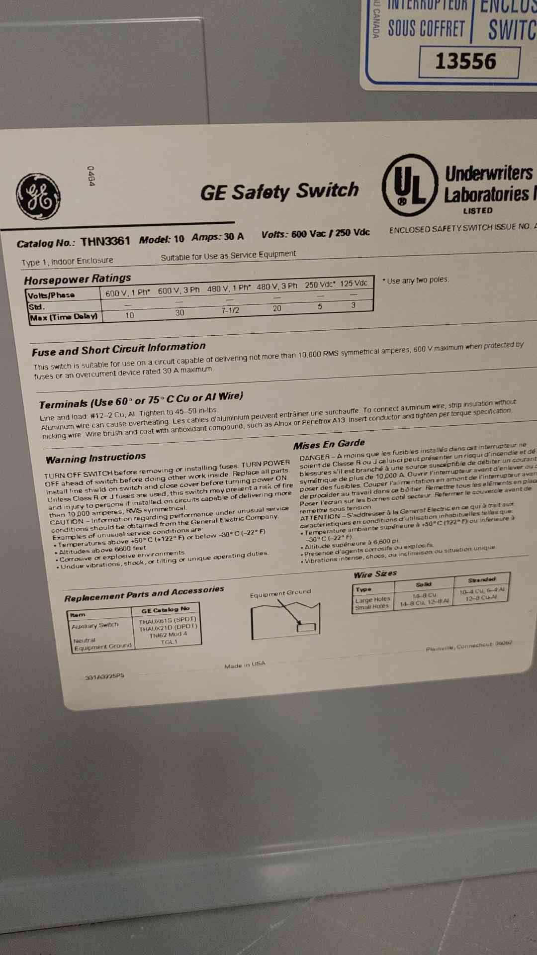 GE 30A 600V/250V 1-3PH 30HP Heavy Duty Safety Switch THN3361(SKU: 112665)
