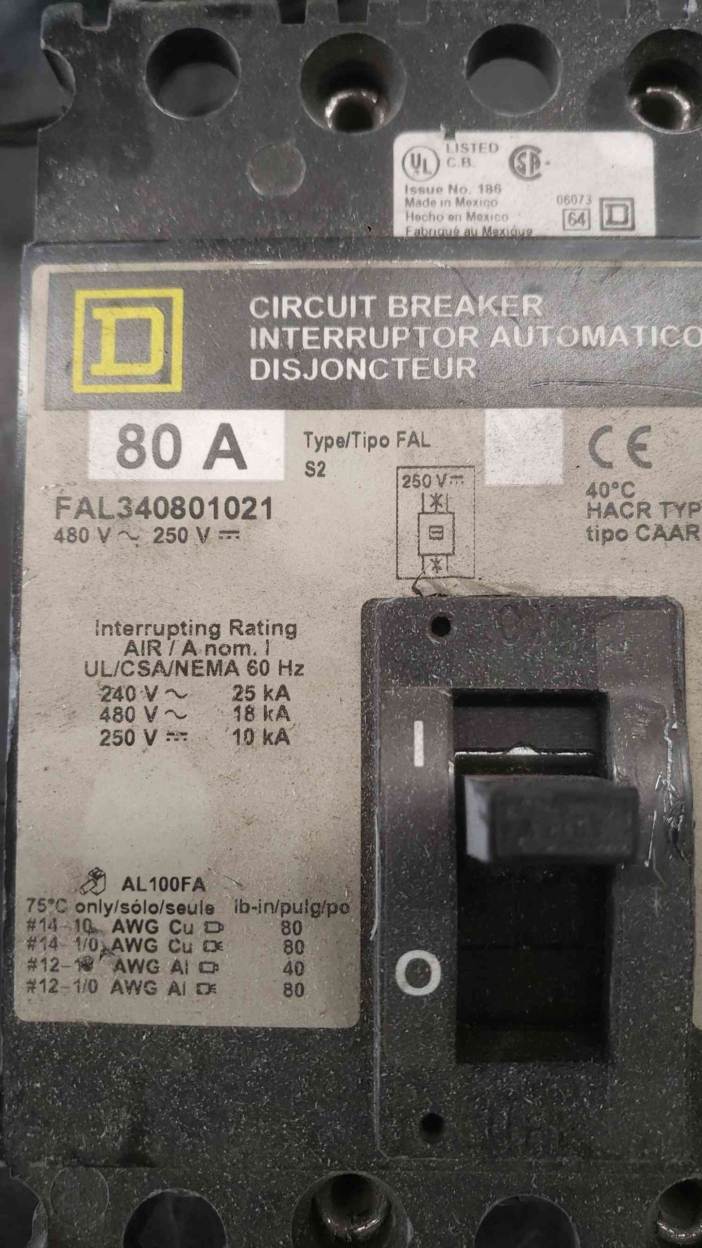 Square D 80A 480V~ 3 Pole Breaker FAL340801021 (SKU: 112675)