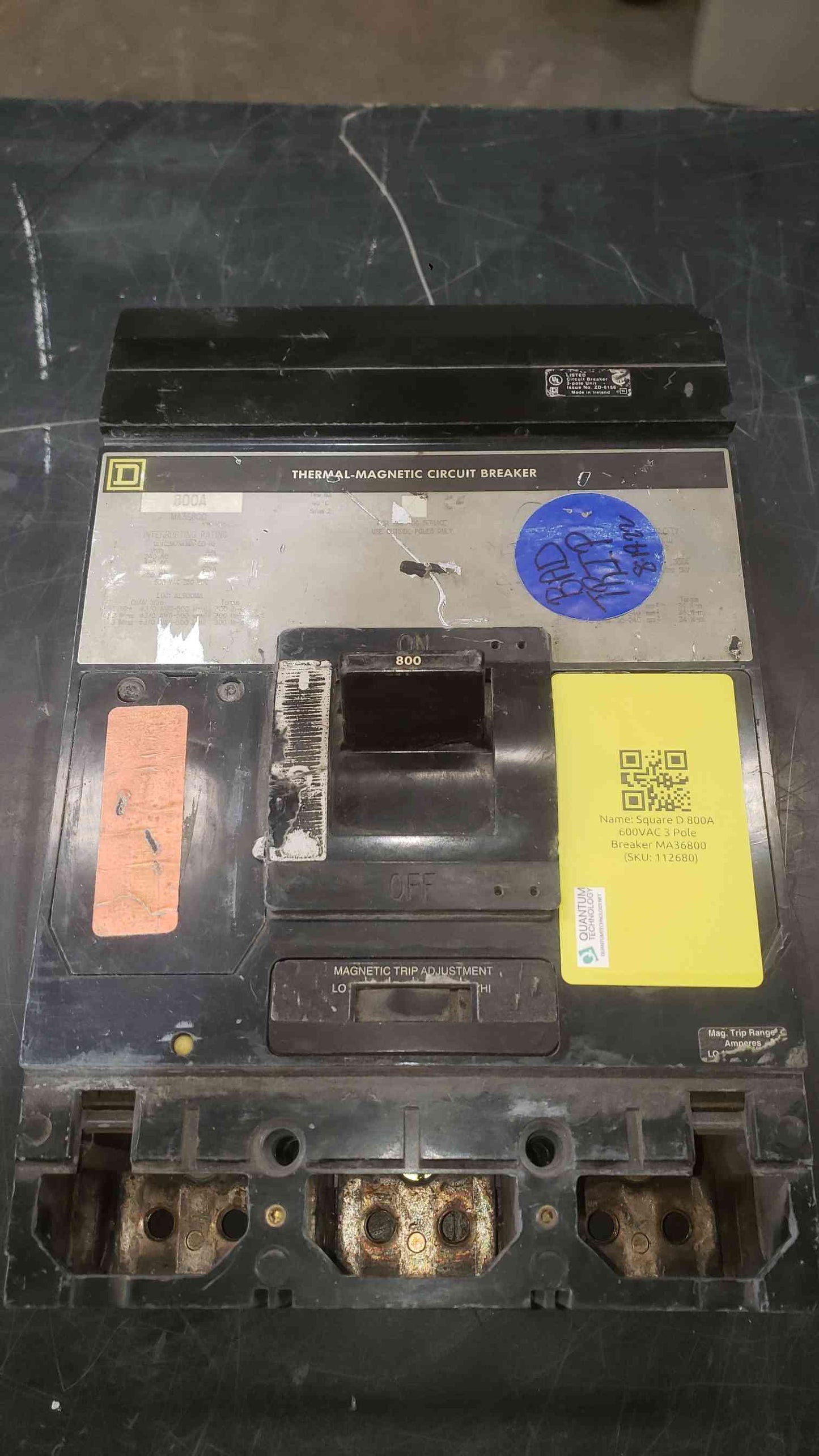 AS-IS Square D 800A 600VAC 3 Pole Breaker MA36800 Bad Trip Unit (SKU: 112680)