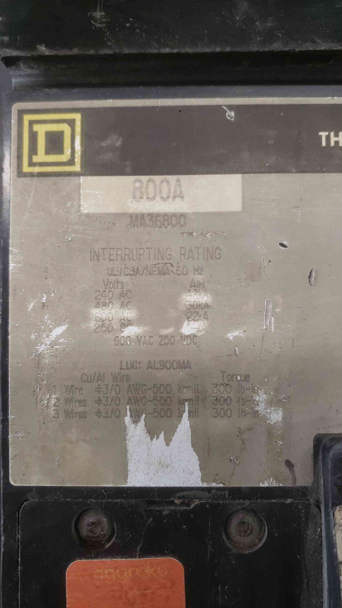 AS-IS Square D 800A 600VAC 3 Pole Breaker MA36800 Bad Trip Unit (SKU: 112680)