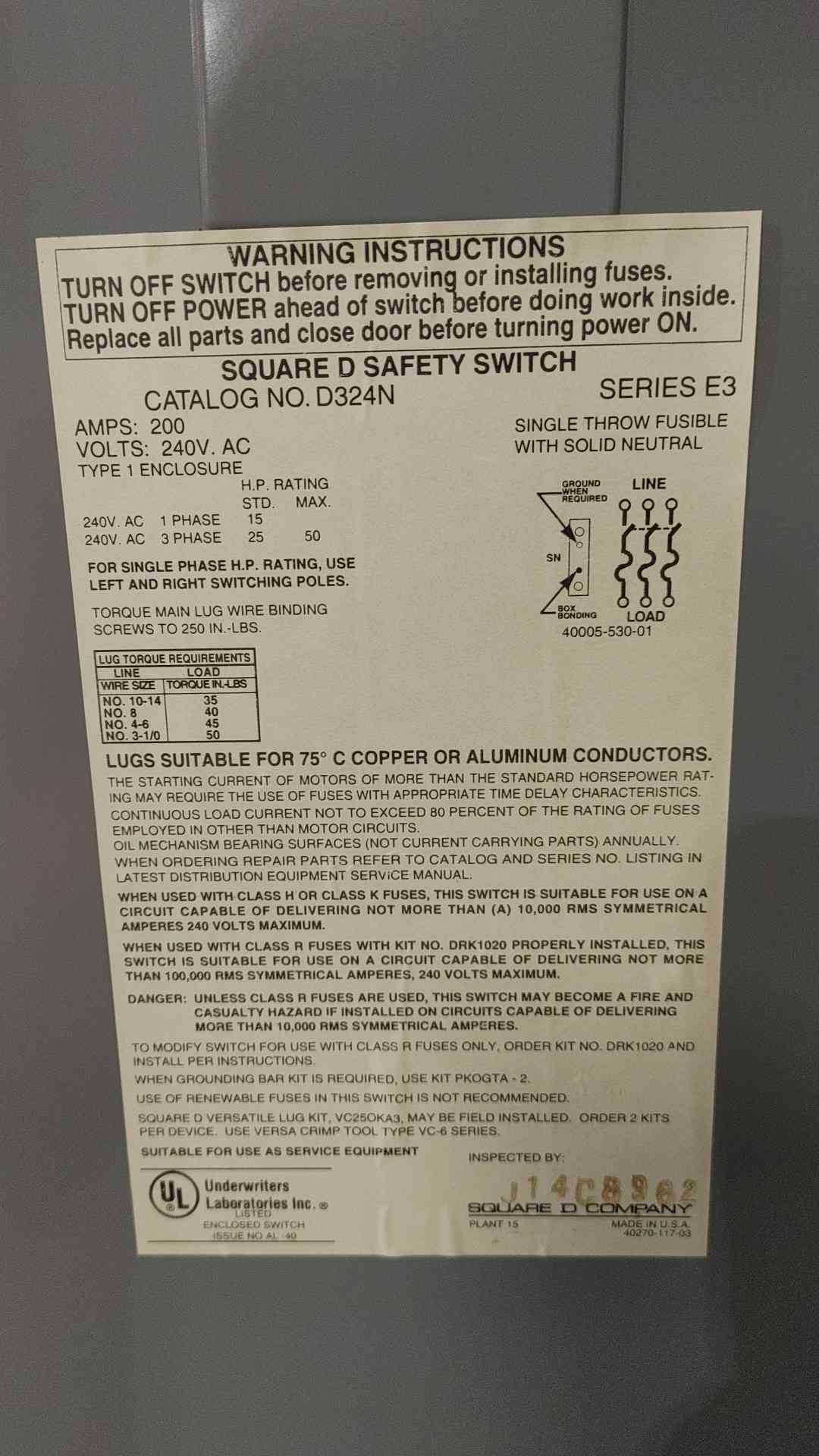 Square D 200A 240V General Duty Safety Switch D324N(SKU: 112681)