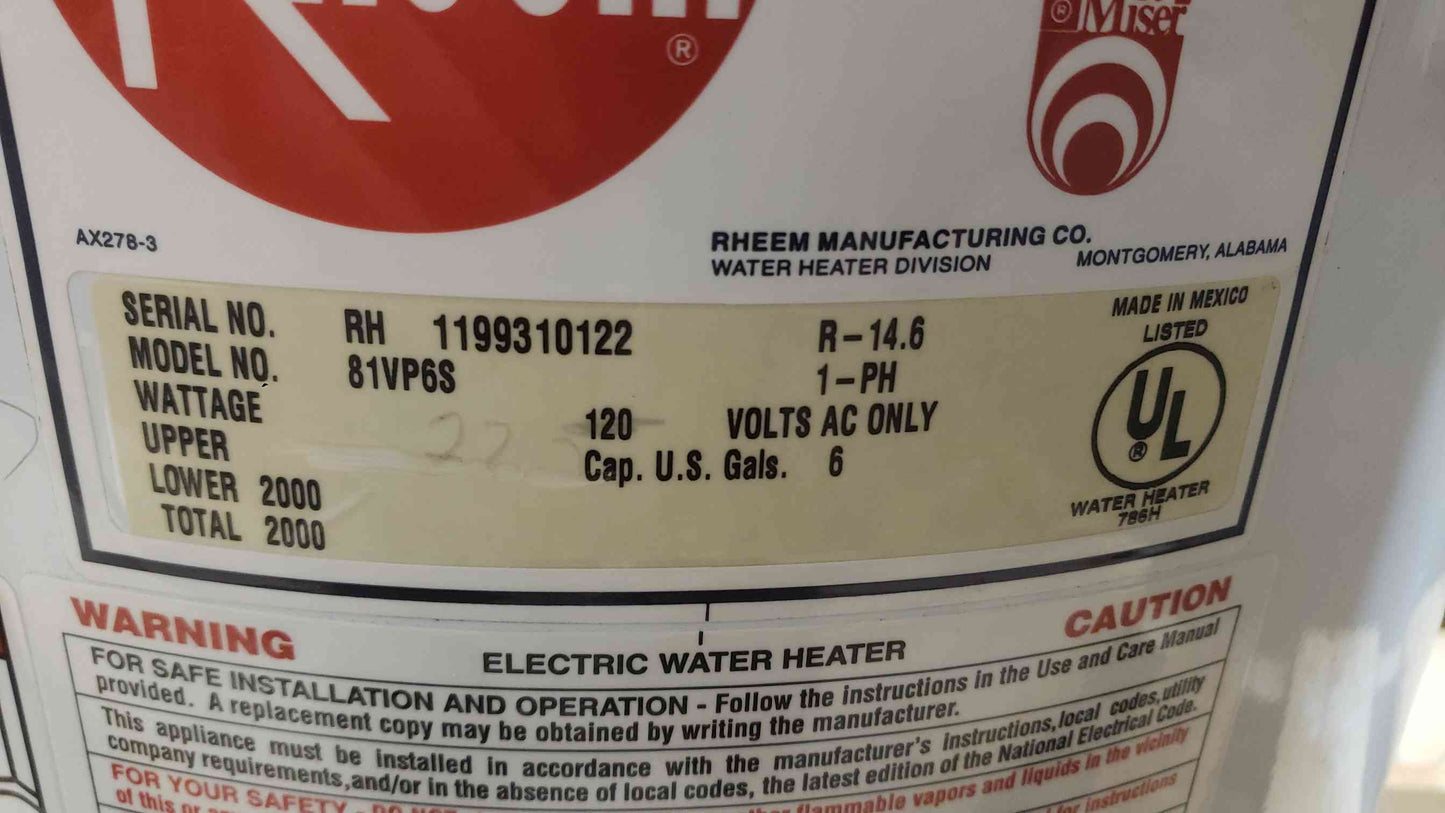 Rheem 6 GAL. 120VAC 1PH Electric Water Heater 81VP6S (SKU: 112689)