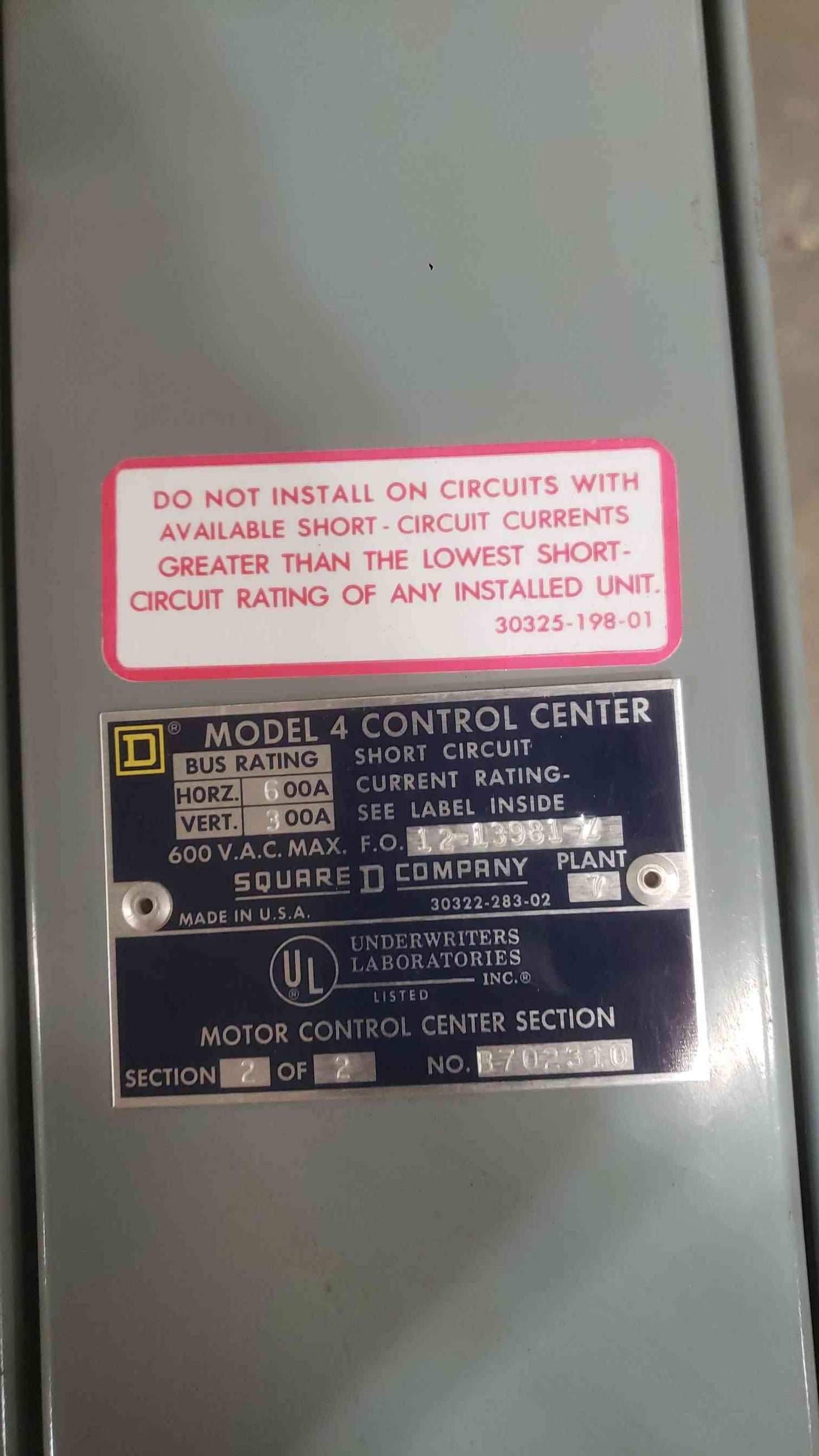 Square D 3 Section 600VAC Model 4 Control Center 300A/600A (SKU: 112593)