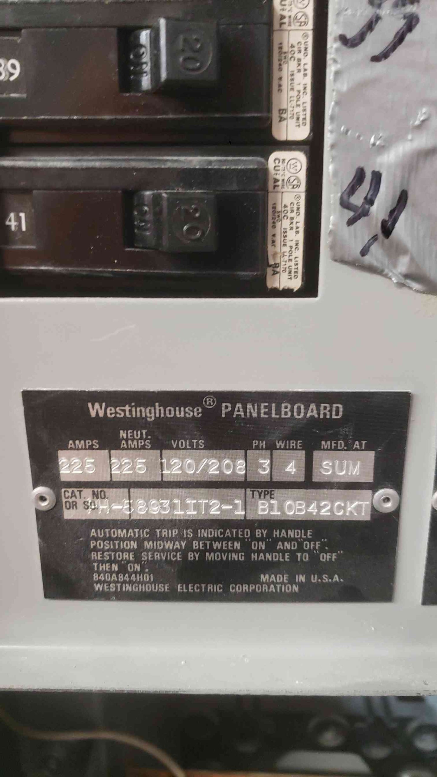 Westinghouse 225A 120/208 3PH 4W Panelboard & Main (SKU: 112716)
