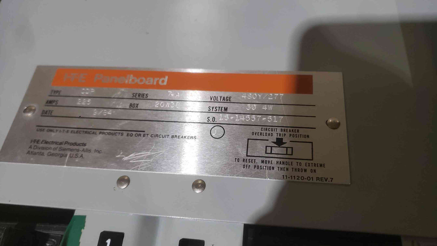 I-T-E Siemens CDP Panelboard 225A 480Y/277V 3P 4W w/ Siemens ED43B030 Breakers (SKU: 112729)
