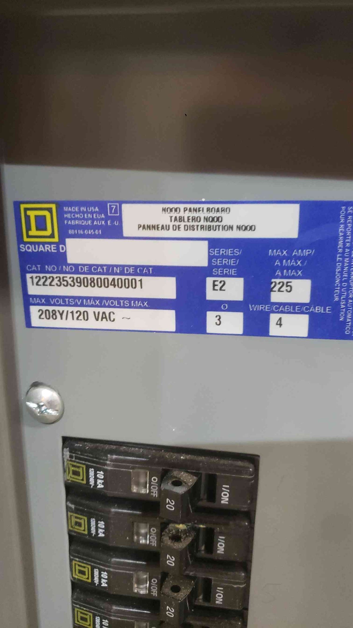 Square D 225A 208Y/120VAC 3PH 4W Panelboard (SKU: 112700)
