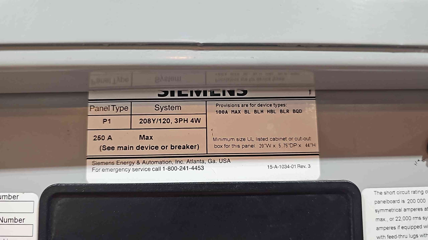 75KVA Hammond Transformer 480v x 208/120v Switchboard w/ 2 Integrated Siemens 250A 120/208v Panelboards (112754).
