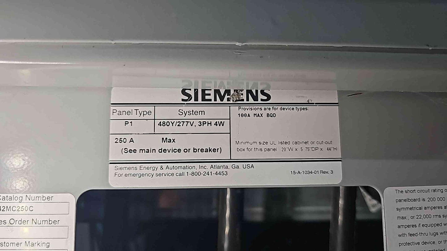 75KVA 480v x 208/120v Hammond Transformer w/ Integrated Siemens Panelboards 120/208v & 480v (112756)