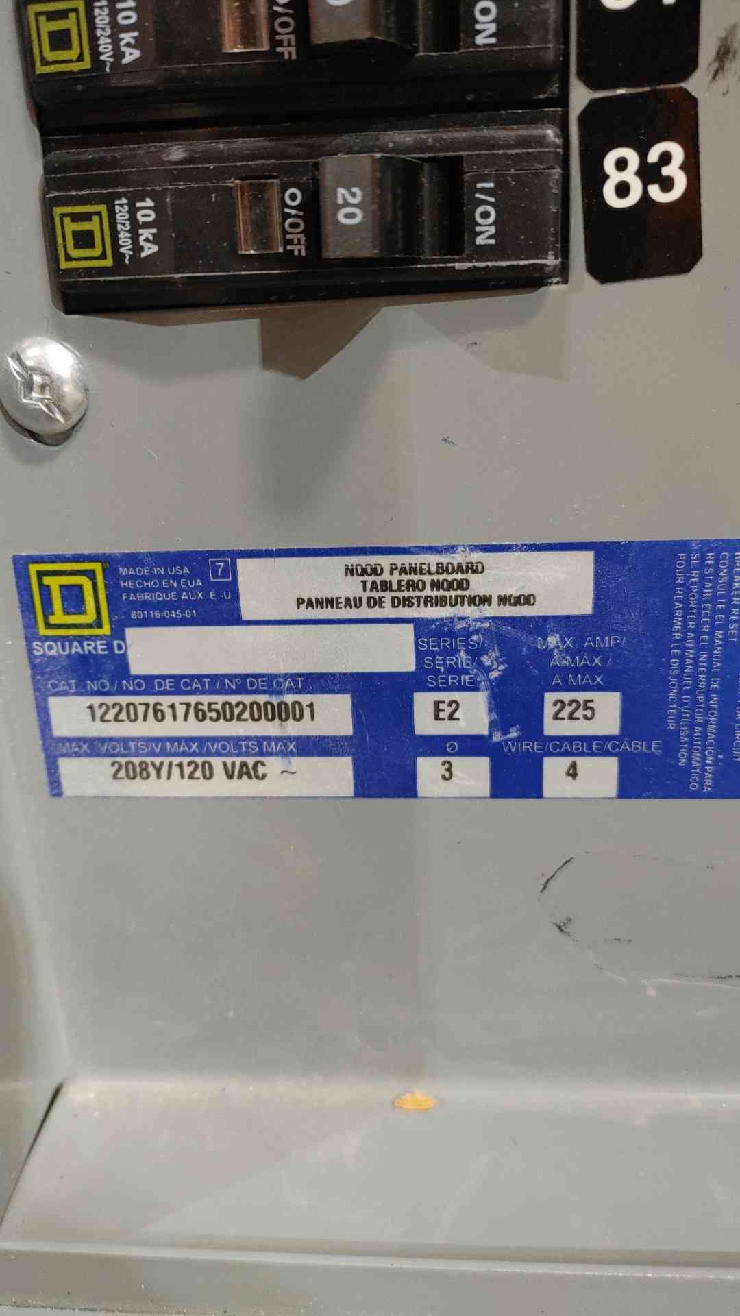Square D NQOD 225 Amp 3 Phase 208Y/120V 42-Circuit Panelboard with Breakers MHC35S(SKU: 112782)