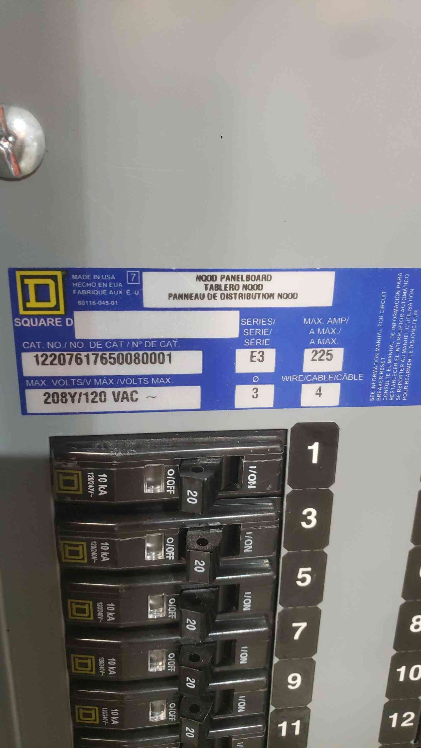 Square D NQOD Panelboard 225A 208Y/120V 3-Phase 42-Circuit Main Breaker Panel QO (SKU: 112785)