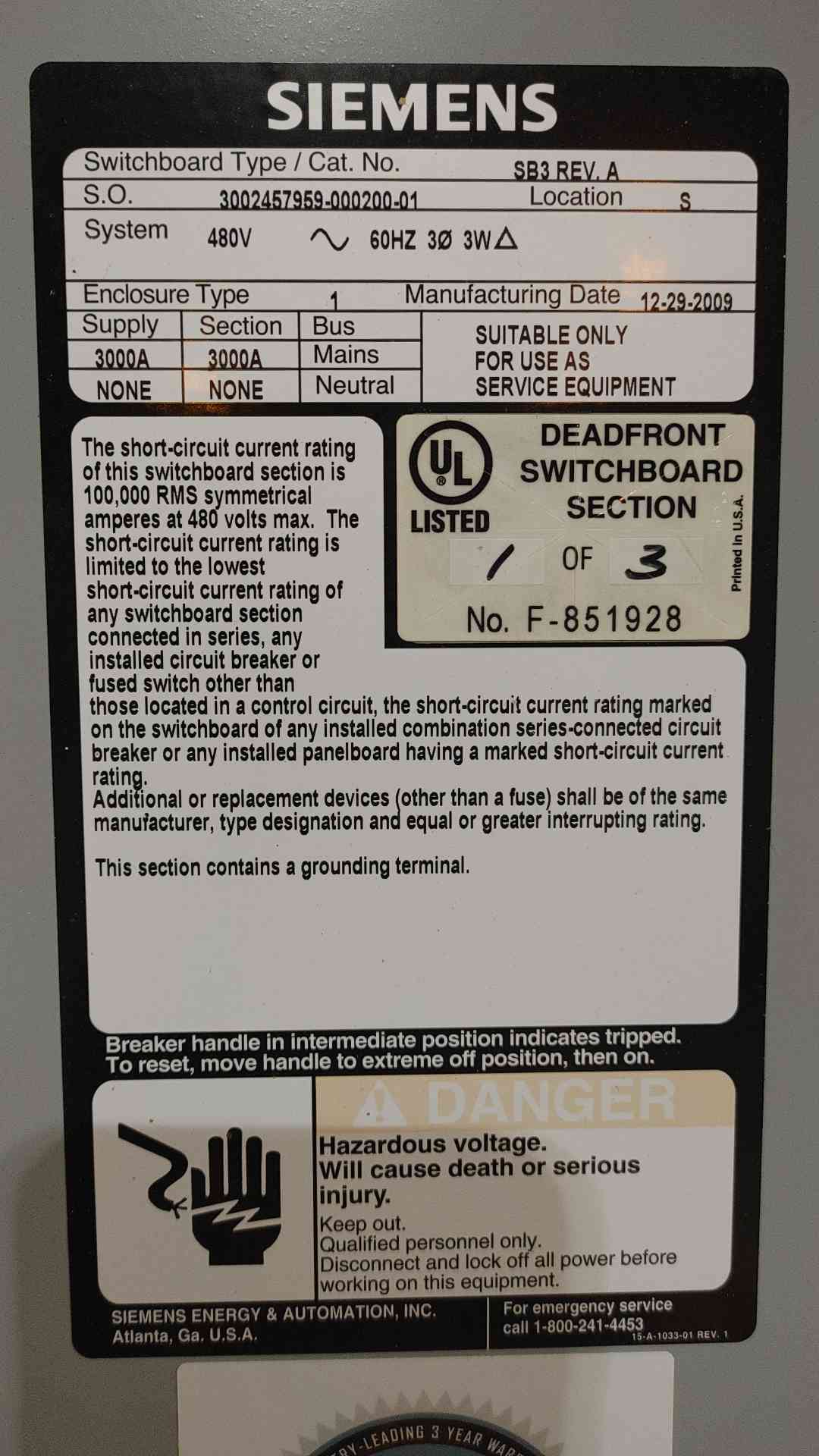 Siemens 3000A Cubicle Bus Switchgear Lineup 1x 3000A Main 2x 2500A Dist WLL2D330 & WLL2D325