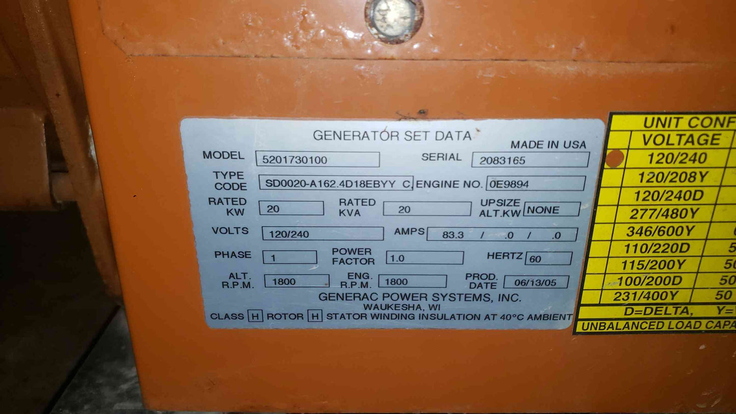 20KW GENERAC John Deere 4024T 1PH Diesel 316Hrs TESTED (SKU: 112844)
