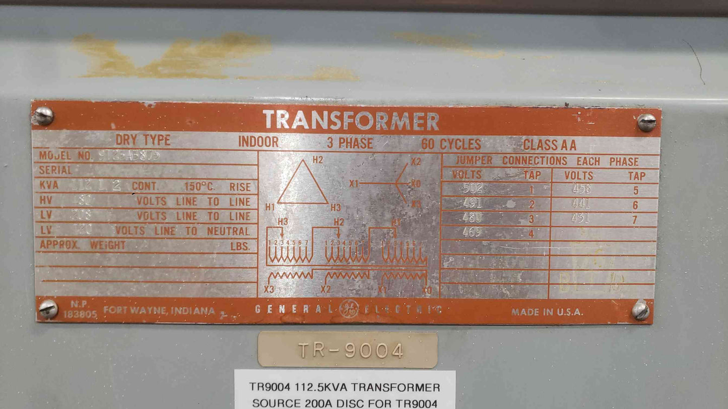 GE 112.5 KVA Dry Type Transformer 3 Phase 480V x 208Y/120V Model 9T23A3875 (SKU: 112736)