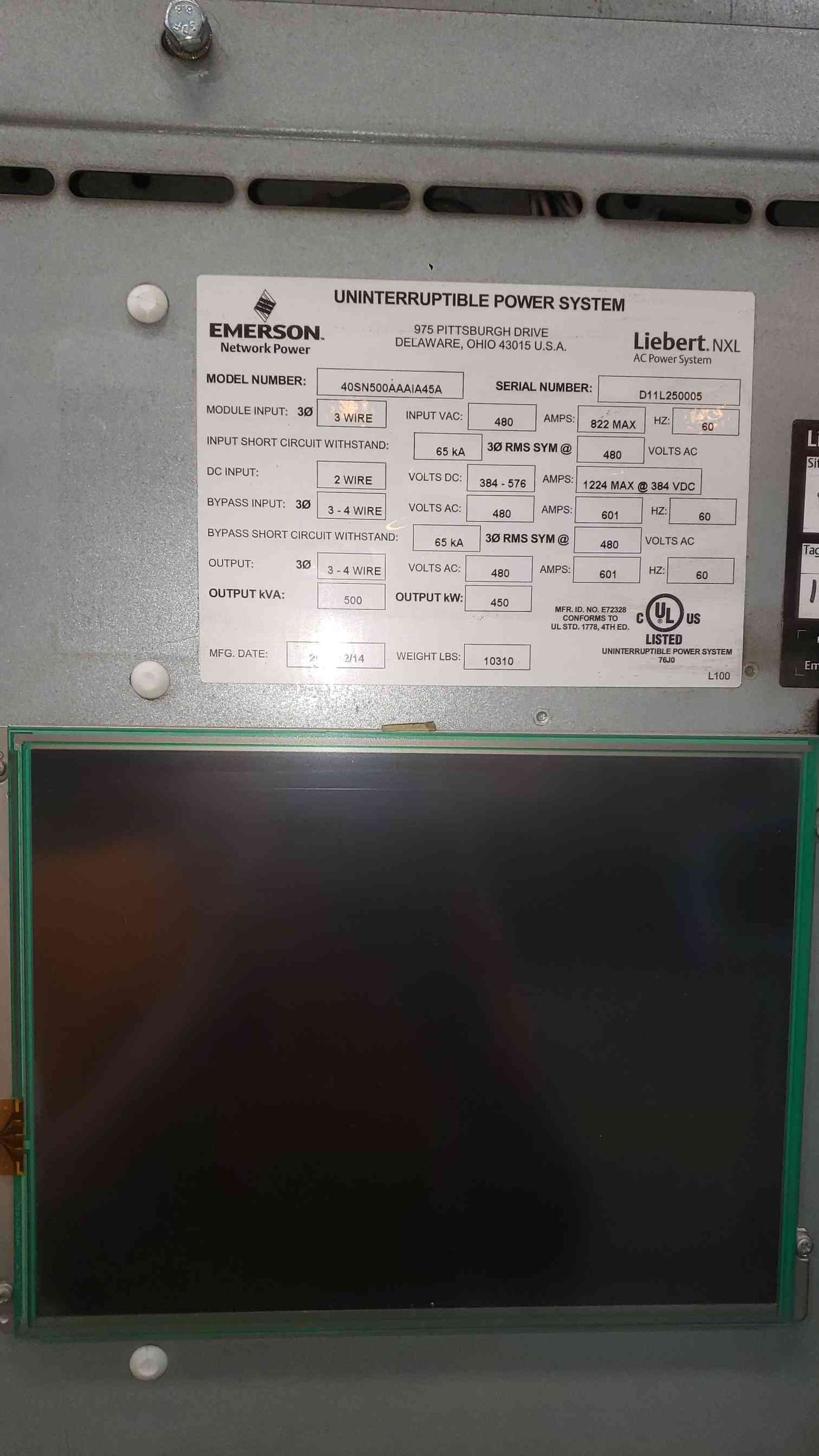 Emerson Liebert NXL 500kVA UPS 450kW 3-Phase 480V System with Battery Cabinets (SKU: 112932)